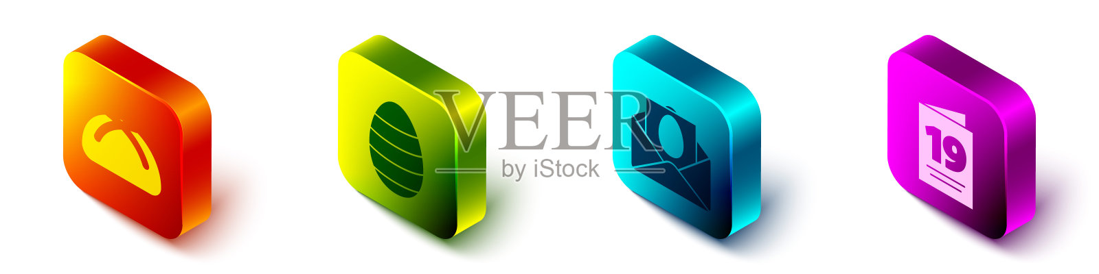 设置等距复活节蛋糕，复活节蛋，贺卡与快乐复活节和贺卡与快乐复活节图标。向量图标素材