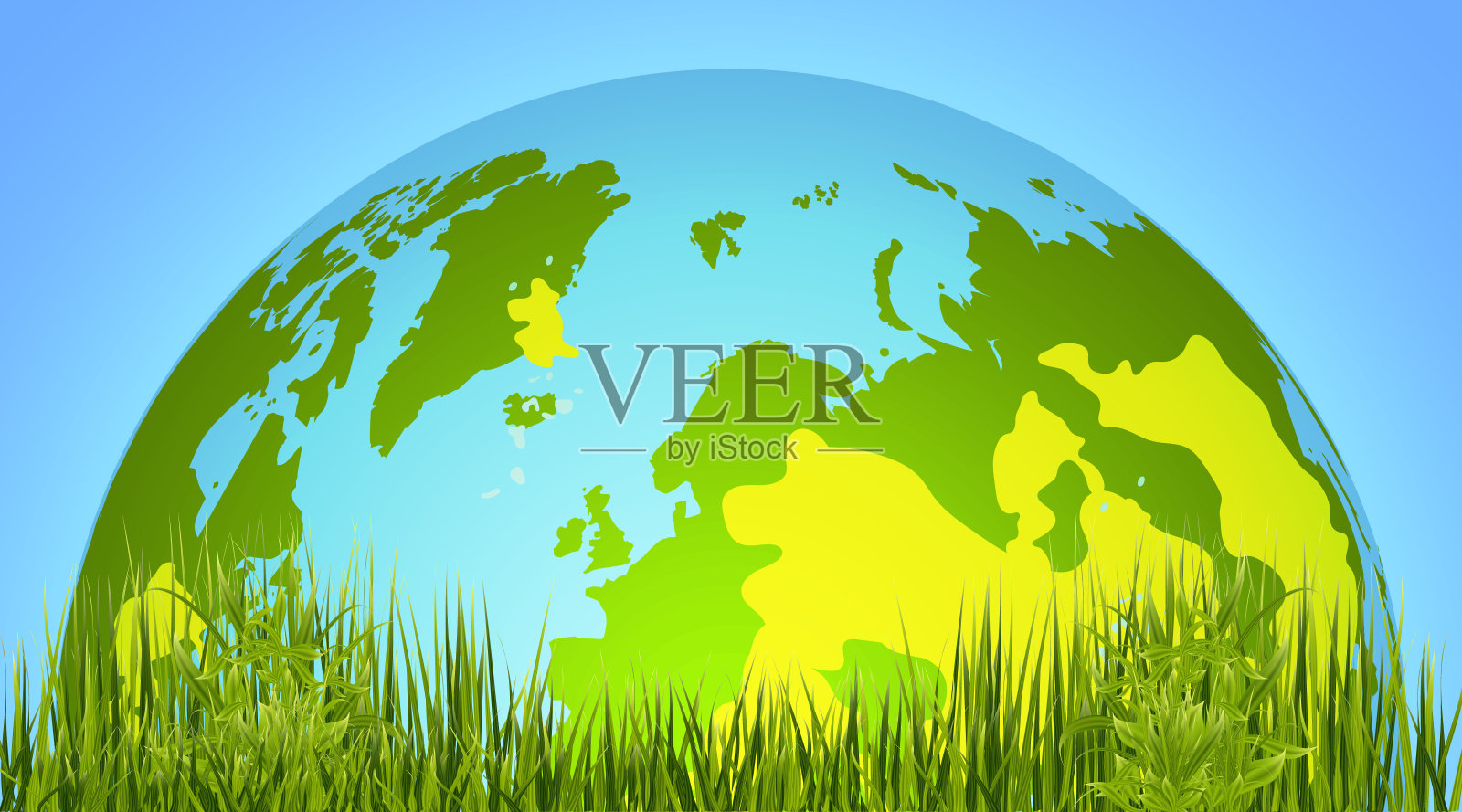 蓝色星球。在绿草的背景上的地球模型。矢量图插画图片素材