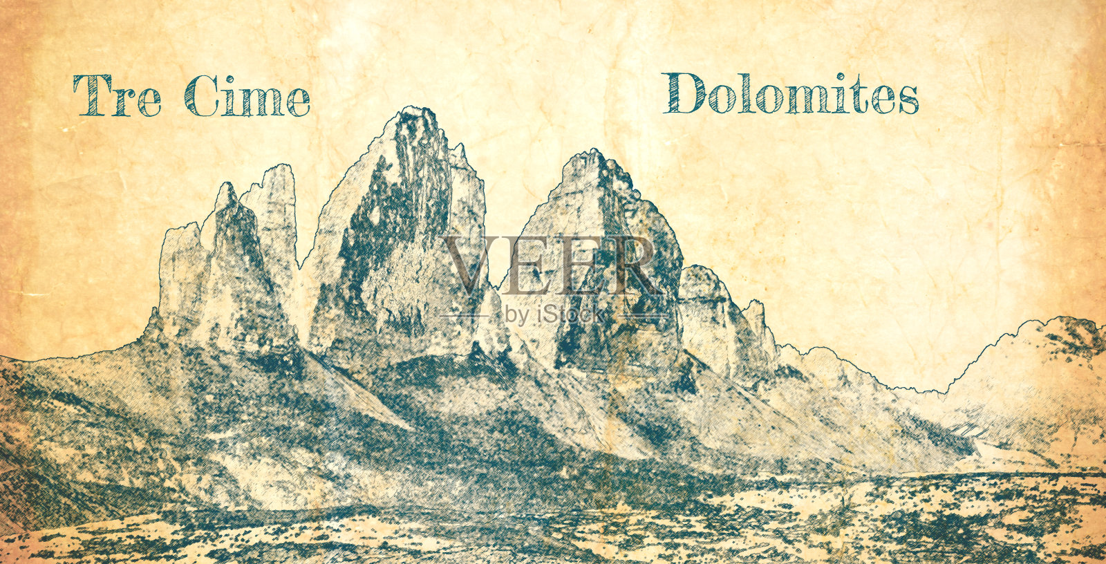 拉瓦雷多的三座山峰的草图，Dolomites设计模板素材