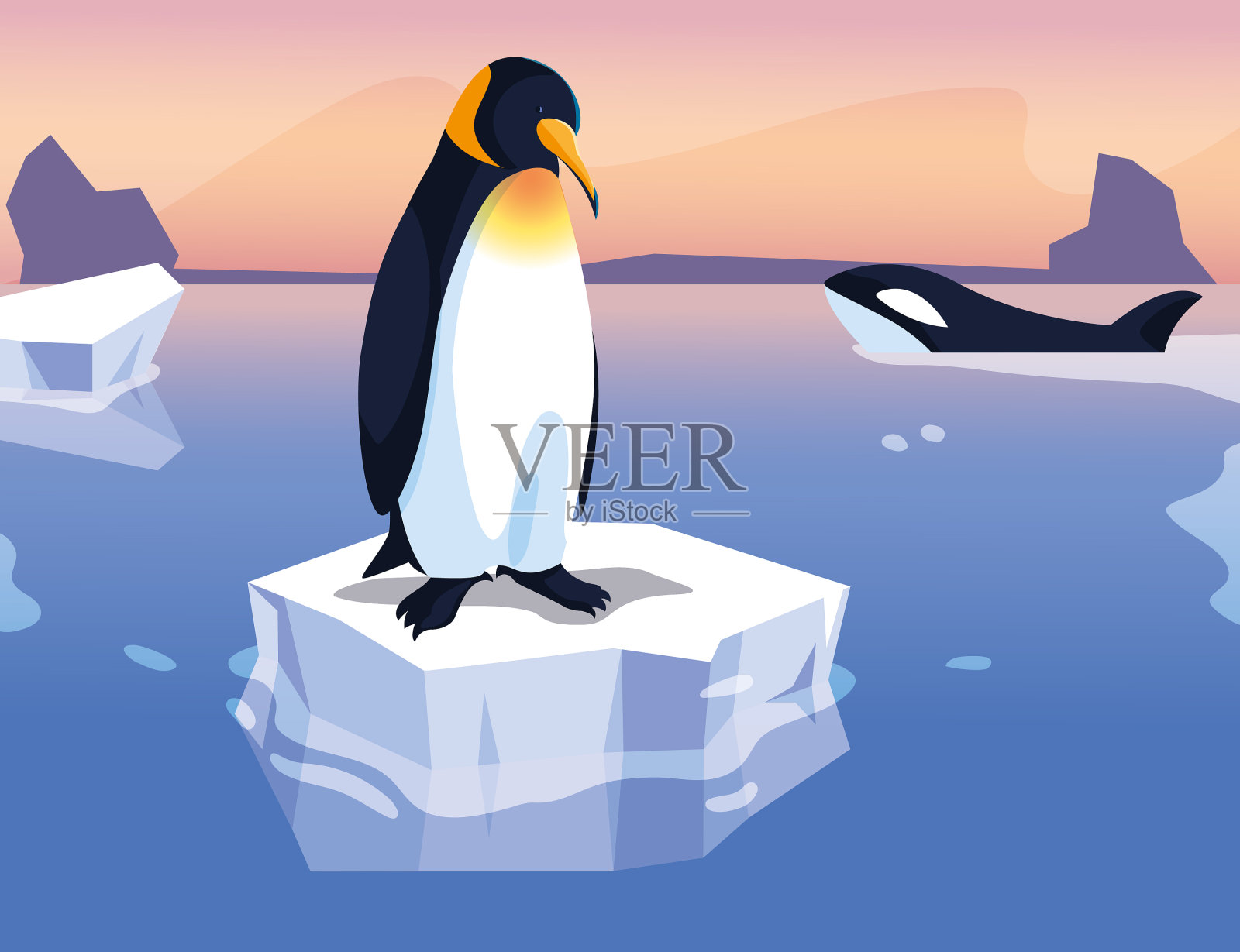 企鹅在浮冰上漂流设计元素图片