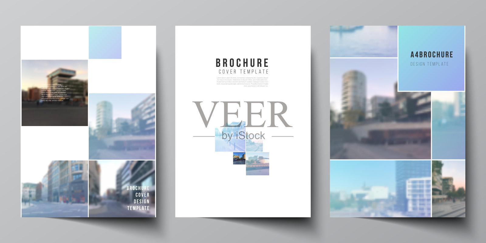 矢量布局A4格式封面模型模板的宣传册，传单布局，小册子，封面设计，书设计，宣传册封面。抽象的设计项目，几何风格与蓝色方块。设计模板素材