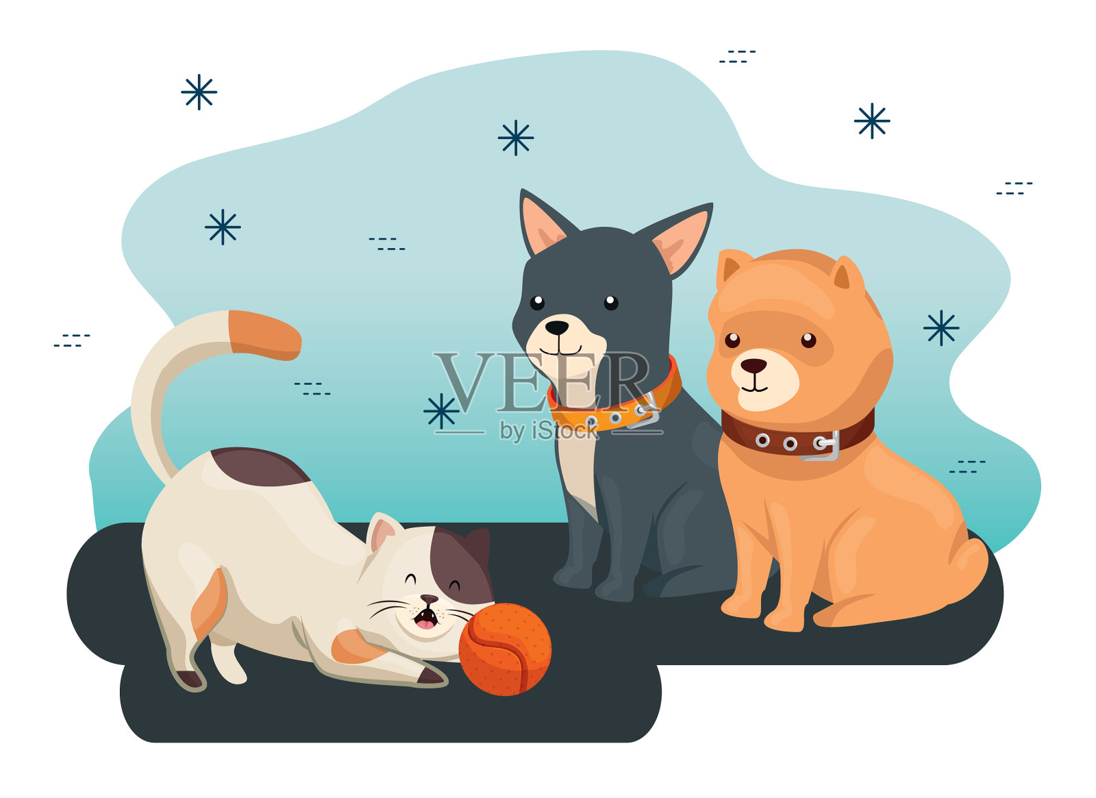 群可爱的狗和猫与球玩具设计元素图片