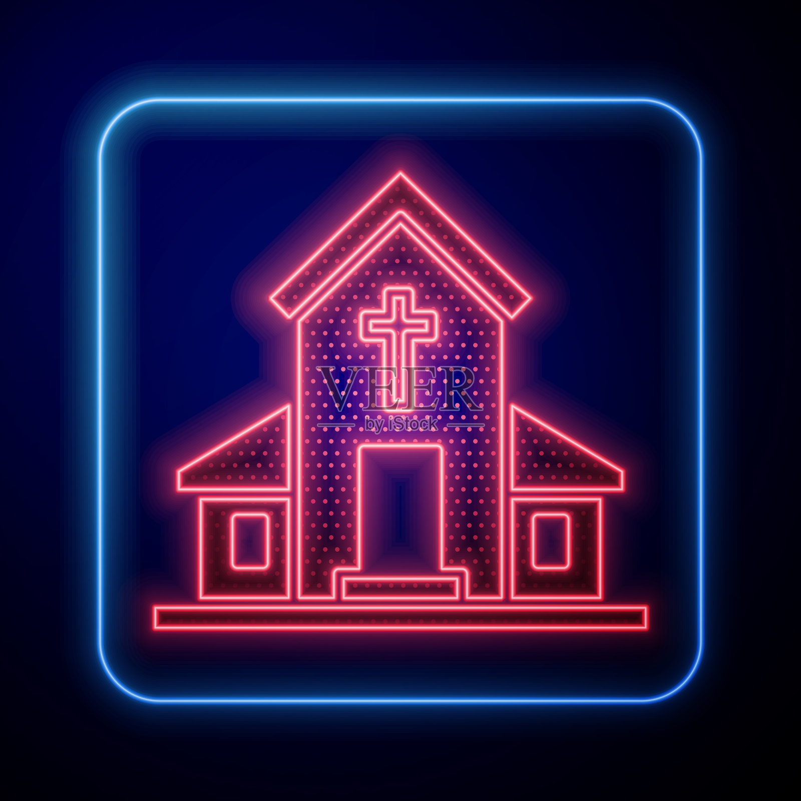 发光的霓虹灯教堂建筑图标孤立在蓝色插画图片素材