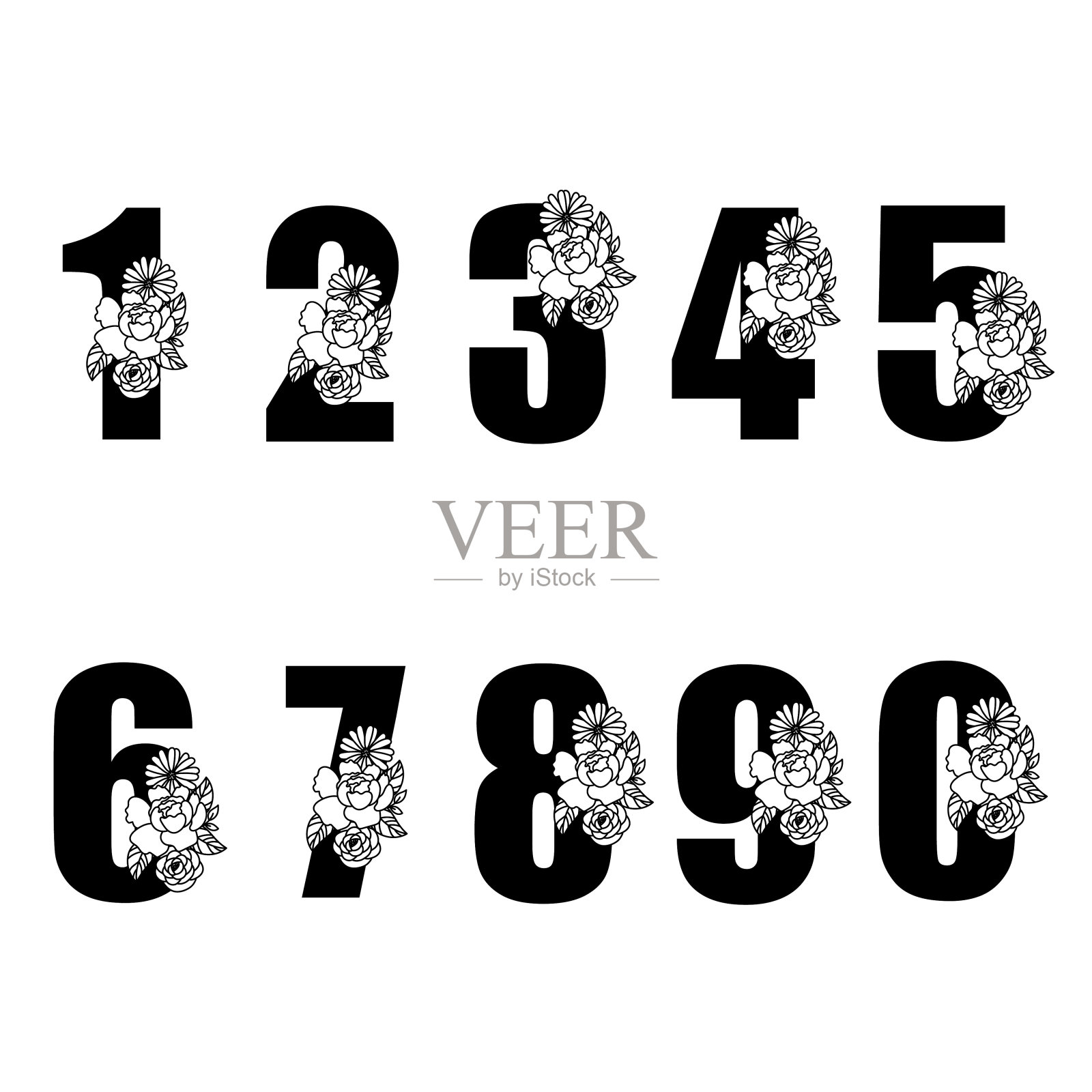 花umbers设置与鲜花束元素浪漫风格的切割生日和婚礼贺卡装饰。插画图片素材