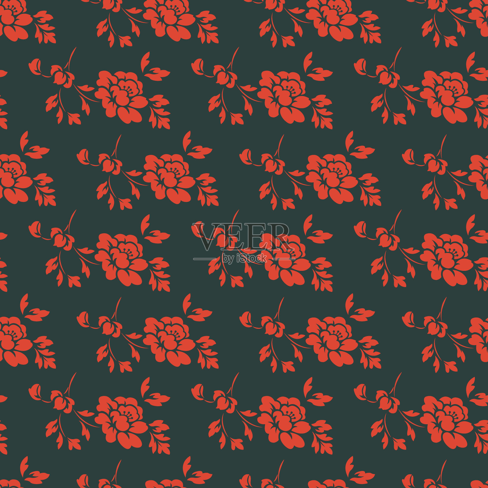 复古复古的中国传统图案无缝背景红色植物园红色牡丹花插画图片素材