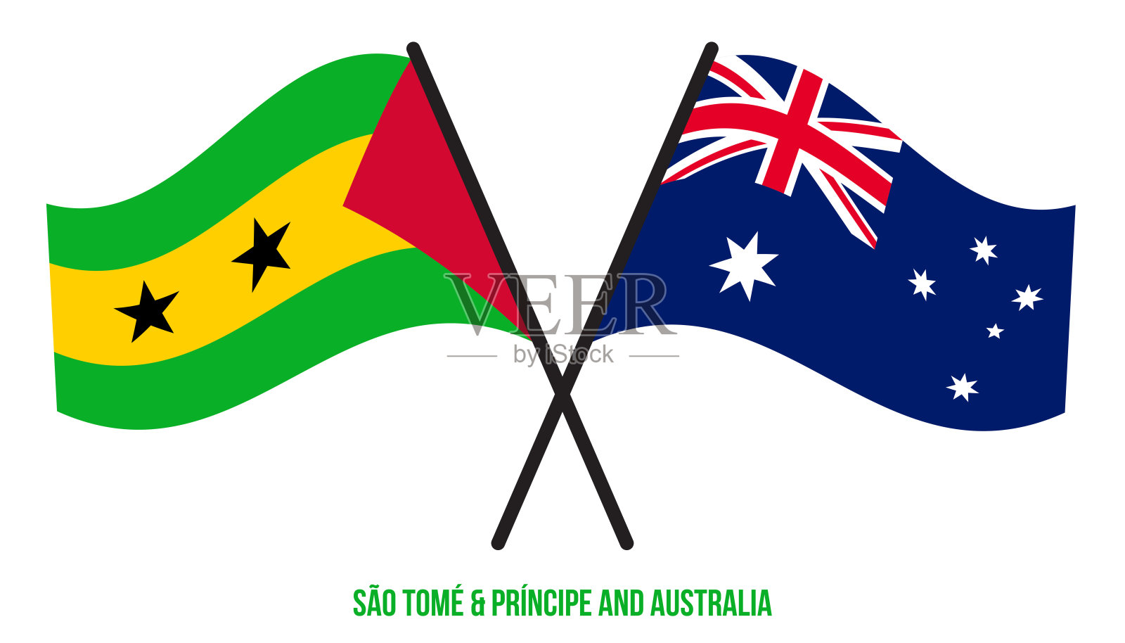 圣多美和澳大利亚国旗交叉和挥舞的平风格。官方的比例。正确的颜色。插画图片素材