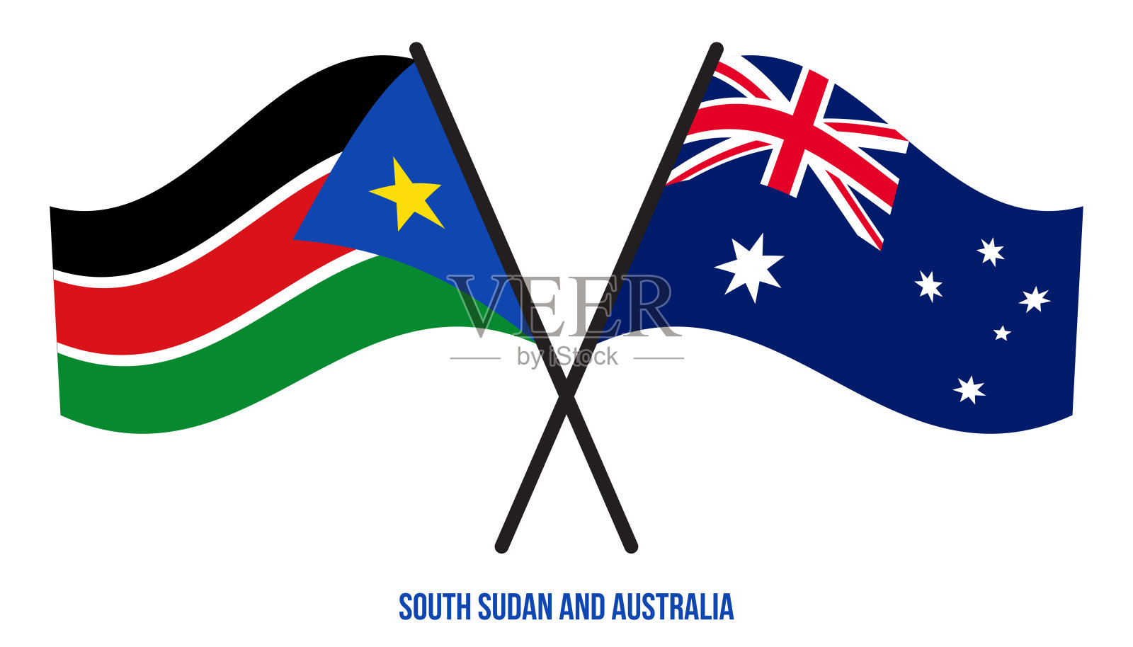 南苏丹和澳大利亚国旗交叉和挥舞的平面风格。官方的比例。正确的颜色。插画图片素材