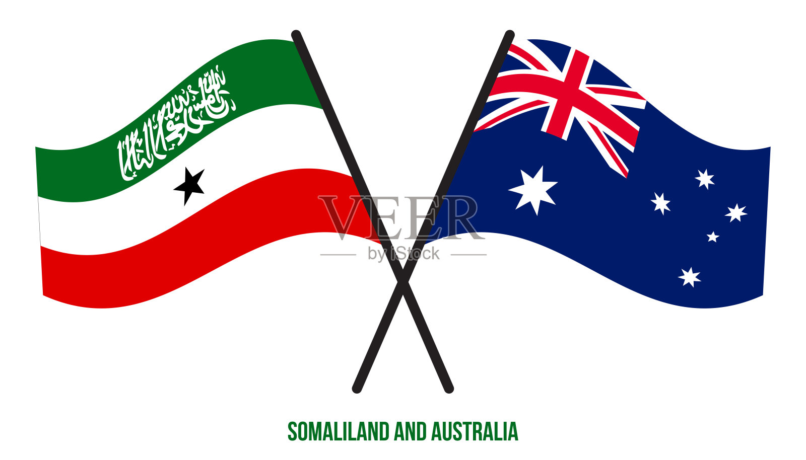 索马里兰和澳大利亚旗帜交叉和挥舞扁平风格。官方的比例。正确的颜色。插画图片素材