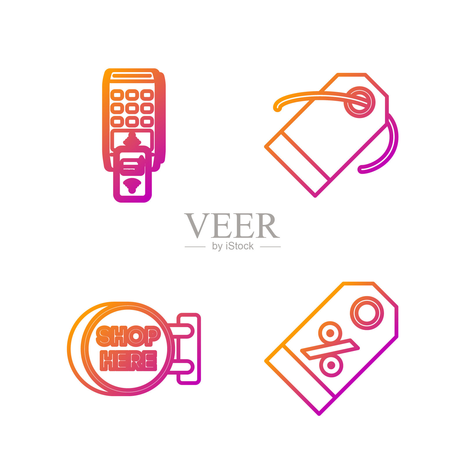 设置线上折扣百分比标签，在这里挂有铭文店的招牌，带有打印收据并通过智能手机确认付款的POS终端，以及空白标签模板价格标签。向量插画图片素材