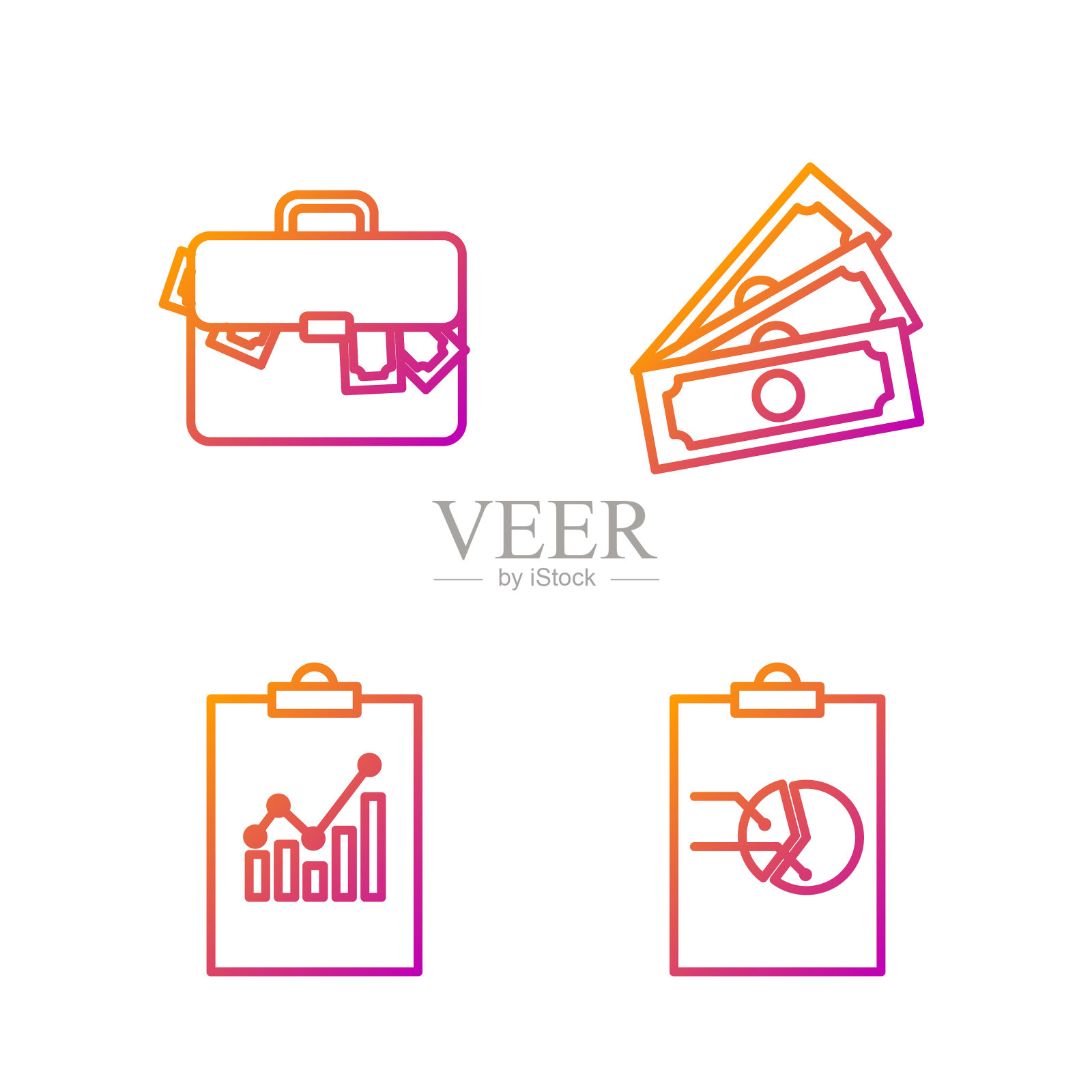 设置线剪贴板与图表，剪贴板与图表，公文包和钱和堆栈纸币现金。渐变颜色图标。向量图标素材