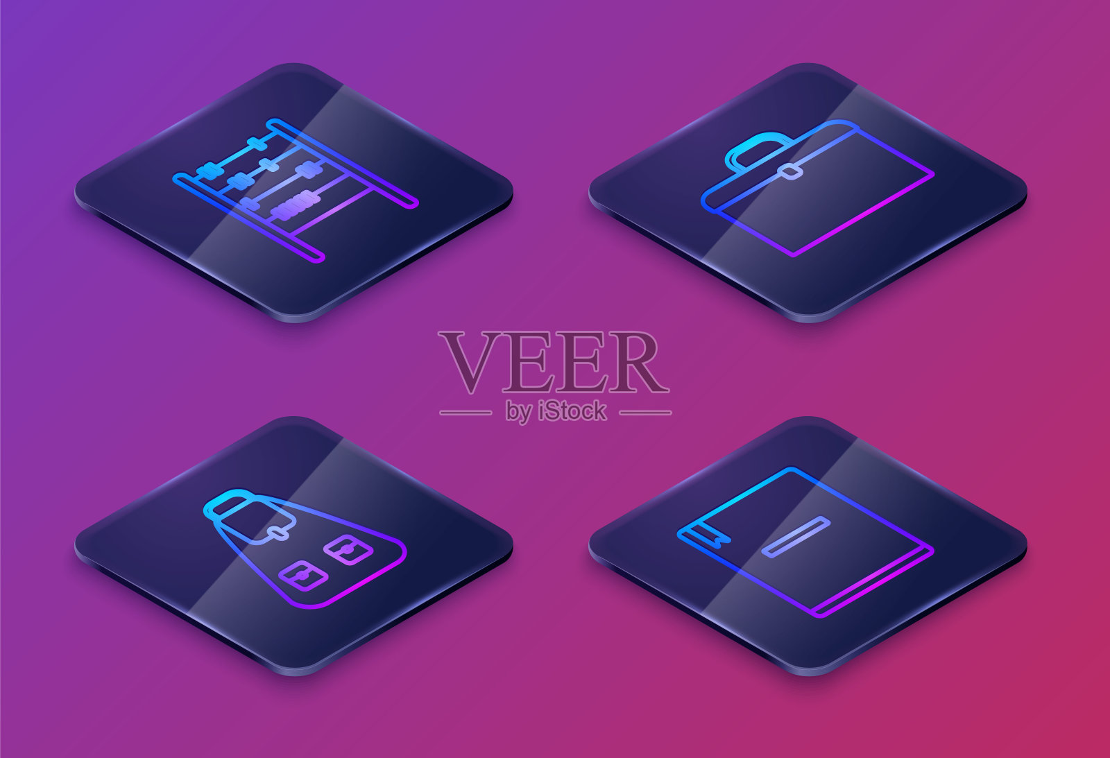 设置算盘、书包、公文包、笔记本等等距线。蓝色方块按钮。向量图标素材