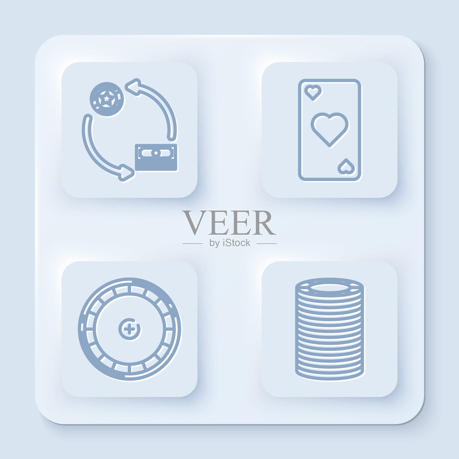 设置线赌场筹码交换成堆的美元，玩卡片与心的符号，赌场轮盘赌轮和赌场筹码。白色正方形按钮。向量插画图片素材