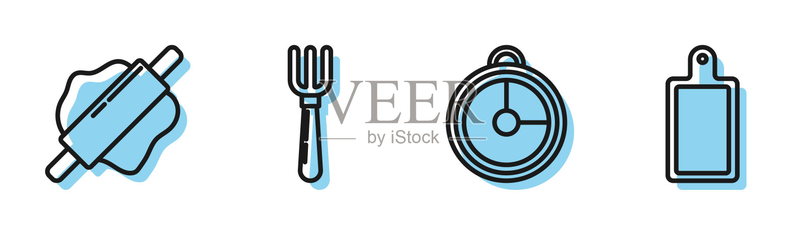 设置厨房定时器，擀面杖，叉子和切菜板图标。向量插画图片素材