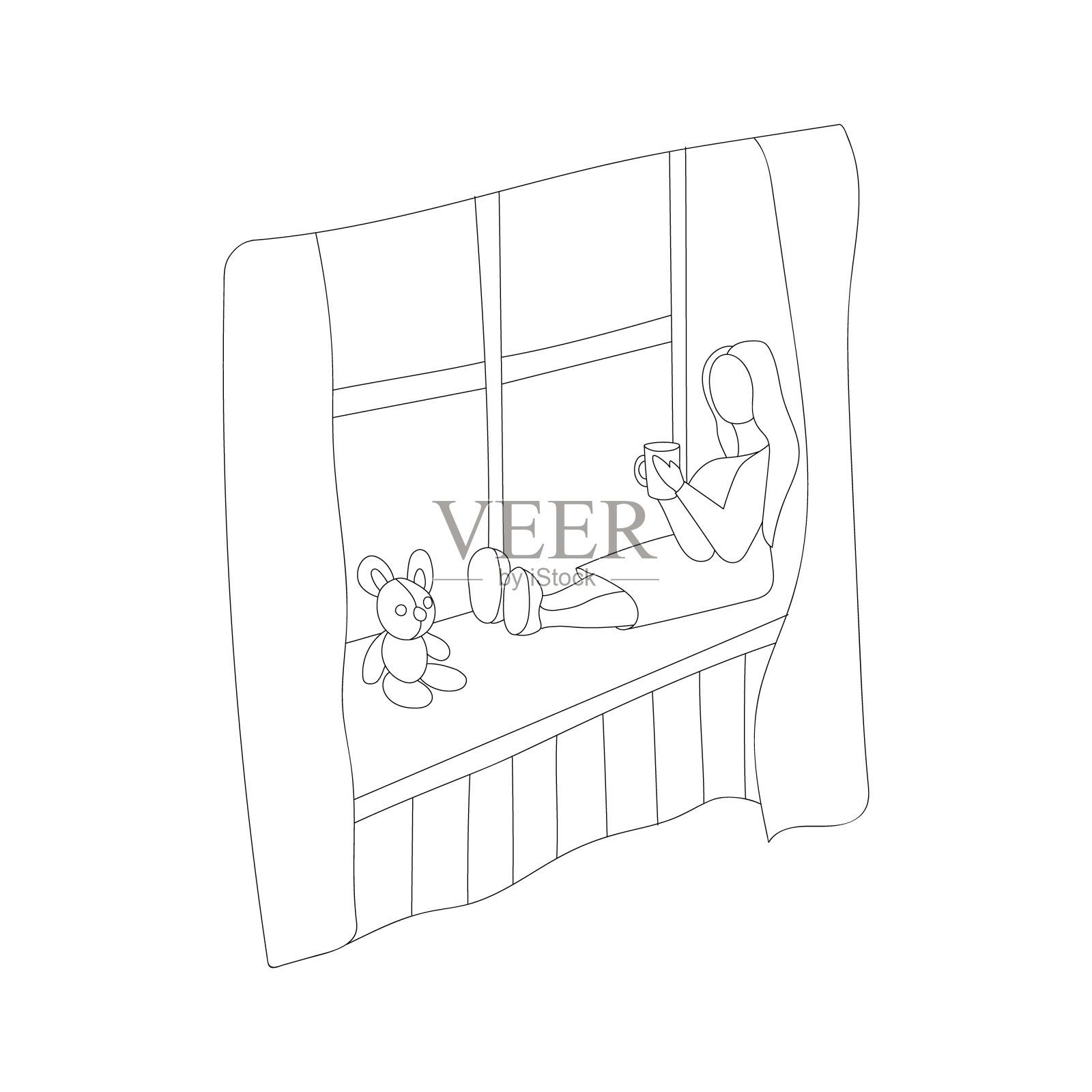 那个女孩坐在窗台上，看着窗外。拿在一个盛着茶的大杯子里。是放松和放松的时间。矢量插图。插画图片素材