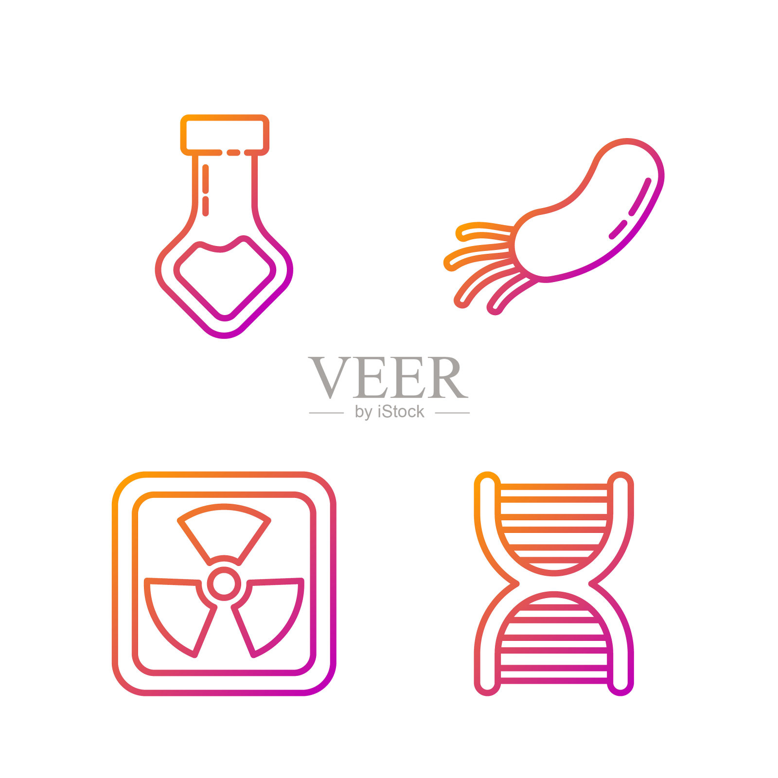 设置线DNA符号，放射性，试管和烧瓶化学和细菌。渐变颜色图标。向量插画图片素材