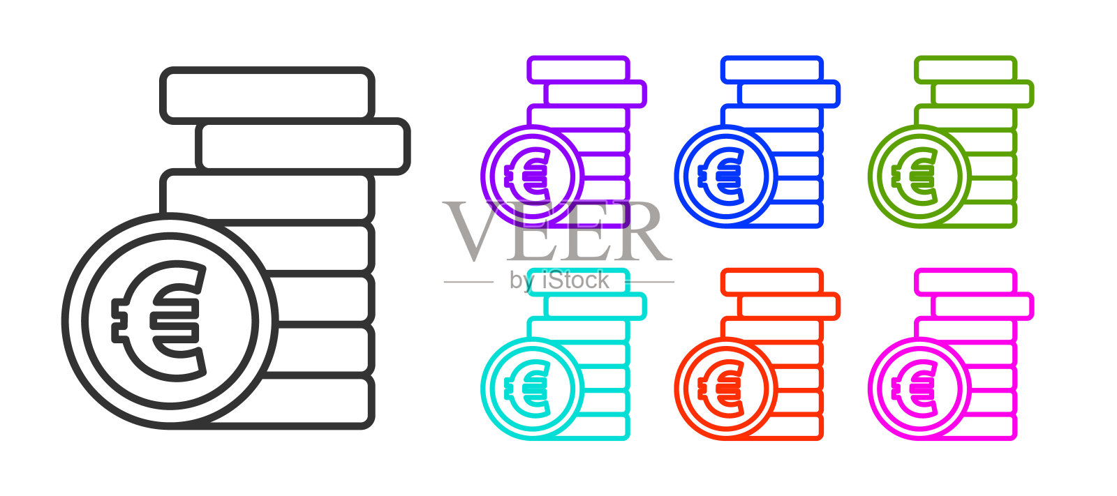 黑色线硬币与欧元符号图标孤立在白色背景。银行货币符号。现金的象征。设置图标丰富多彩。矢量图图标素材