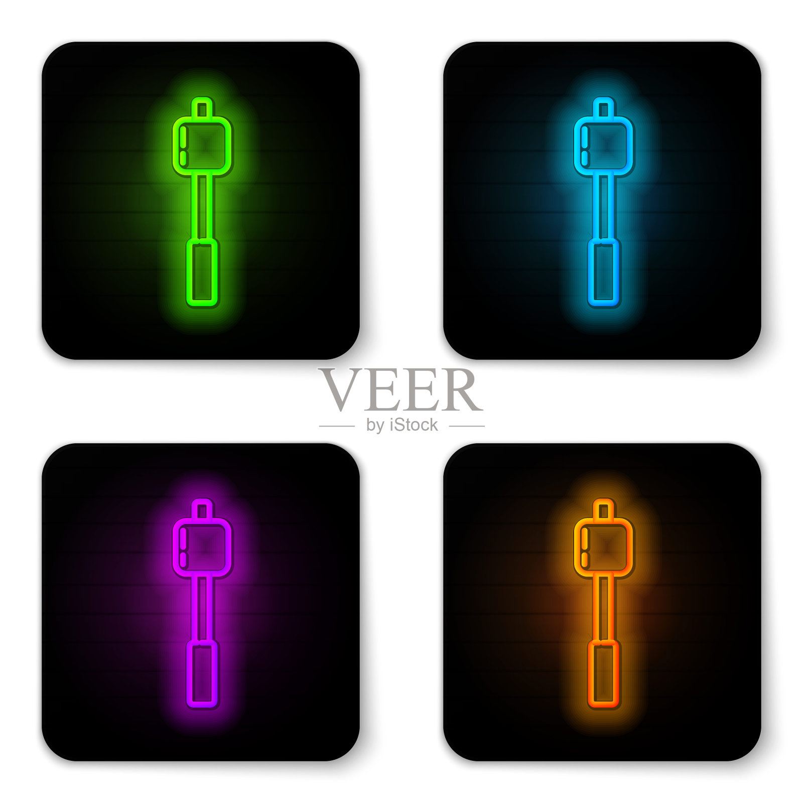 发光的霓虹灯线棉花糖棒上的图标孤立的白色背景。黑色方形按钮。矢量图图标素材