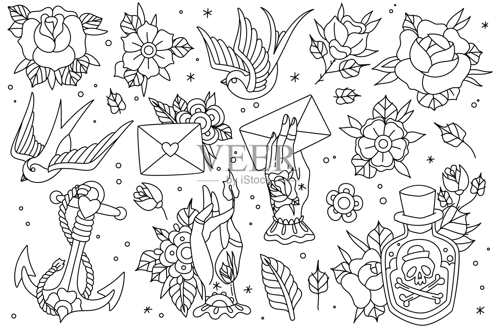 老学校传统轮廓纹身设置。老派传统纹身闪光轮廓图标包燕子玫瑰心手花锚骷髅瓶与药水符号孤立矢量插图插画图片素材