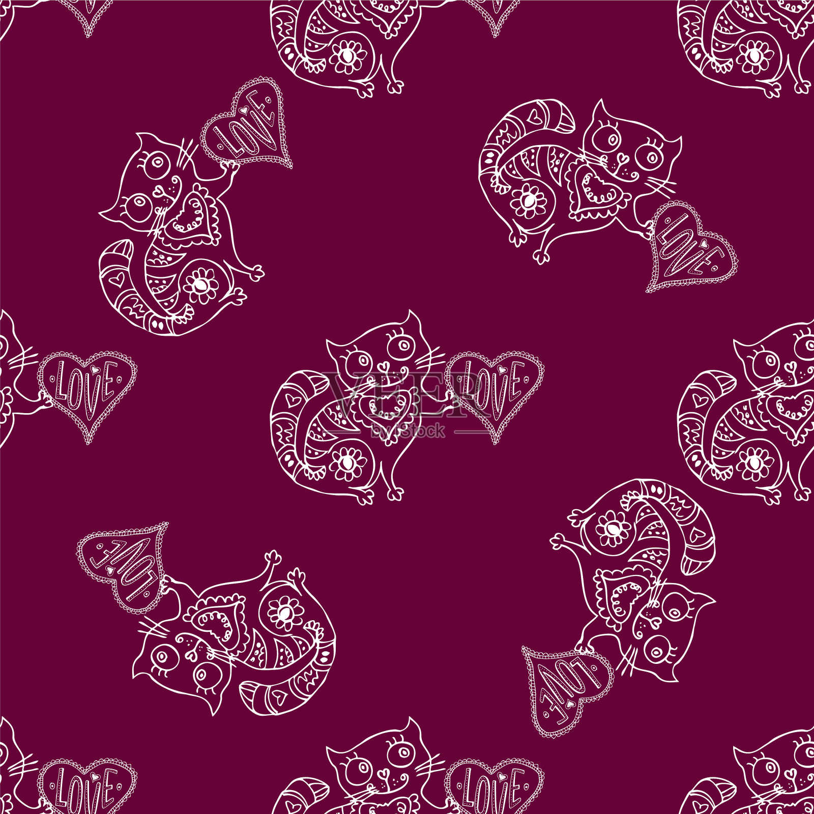 无缝图案可爱的猫与爱心插画图片素材