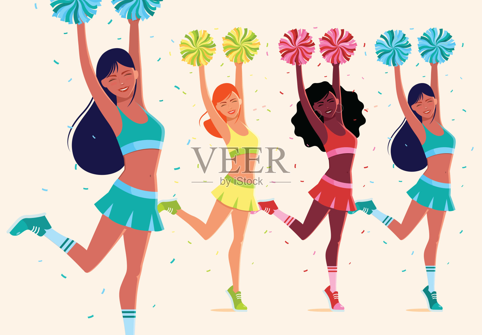 啦啦队。跳舞微笑快乐的顽皮女孩。插画图片素材