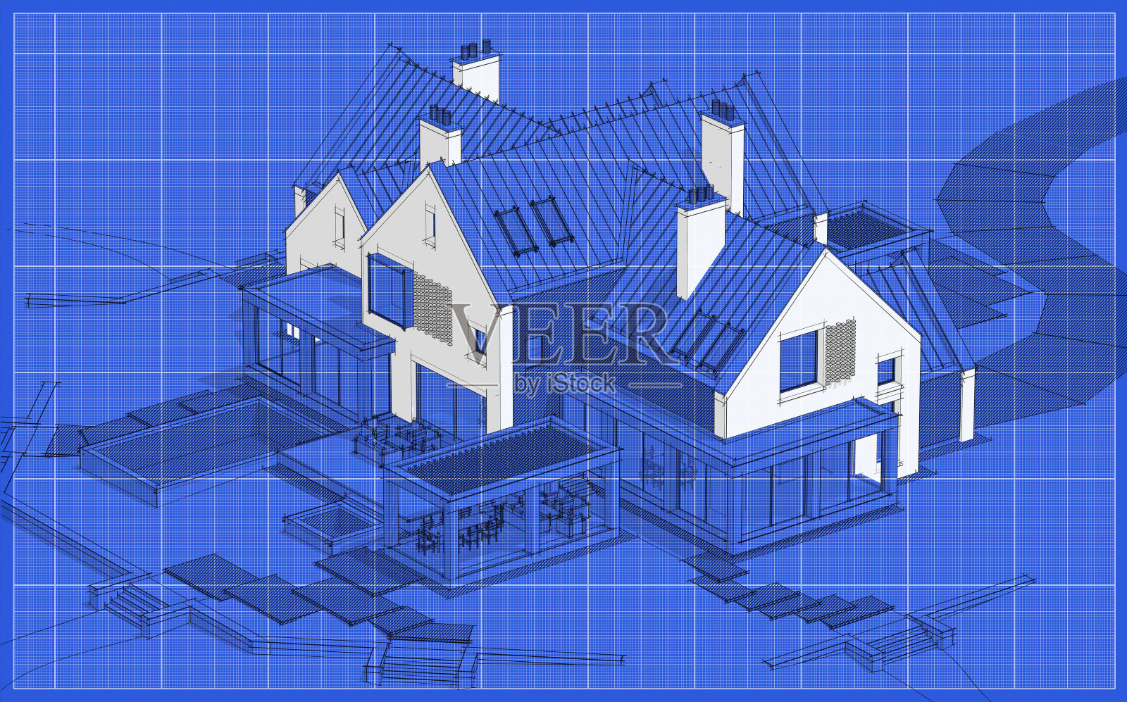池塘边现代红砖房3D渲染效果图，泳池蓝图背景照片摄影图片