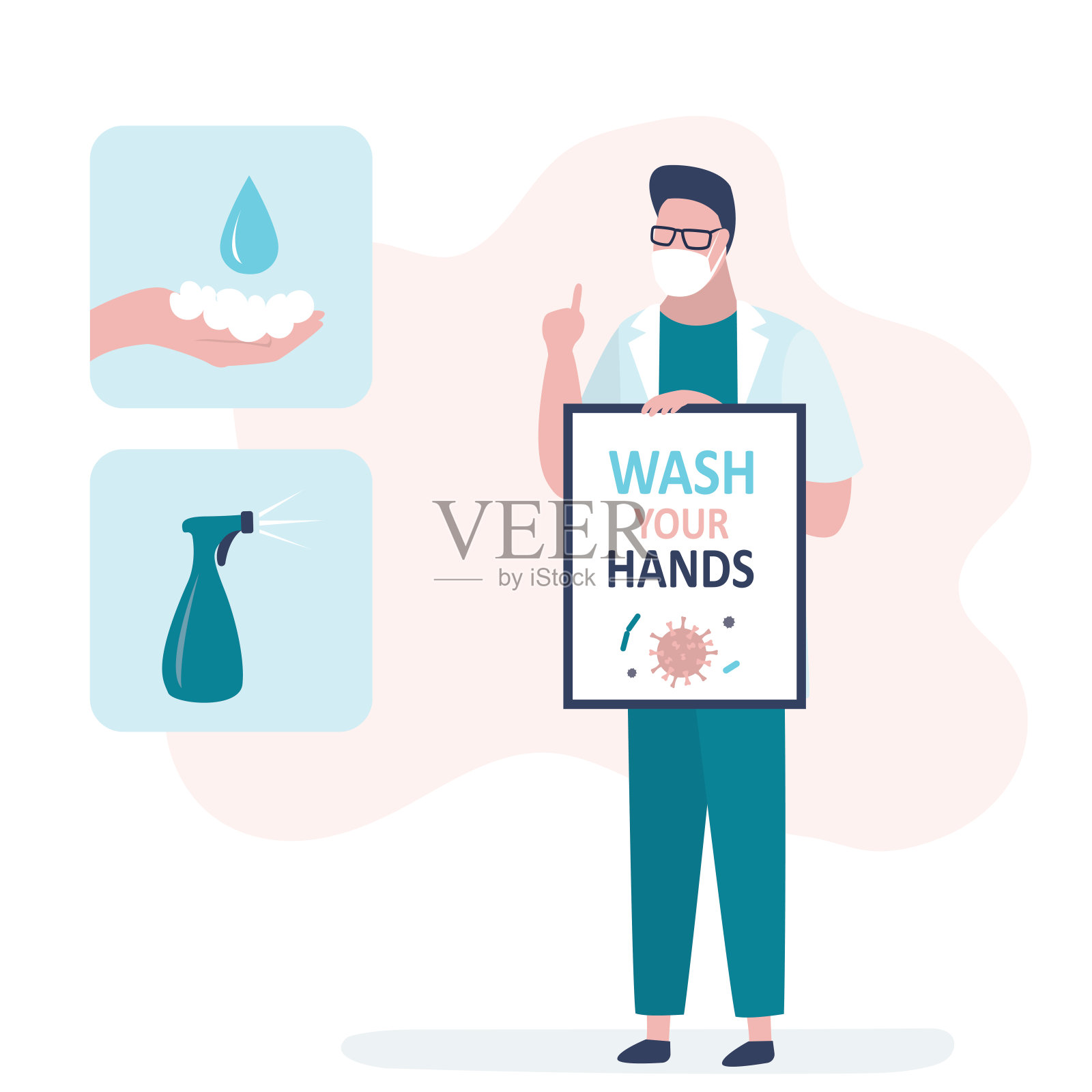 男医生建议洗手和消毒物品。卡通男性角色穿着白色外套和防护面具，大拇指向上插画图片素材