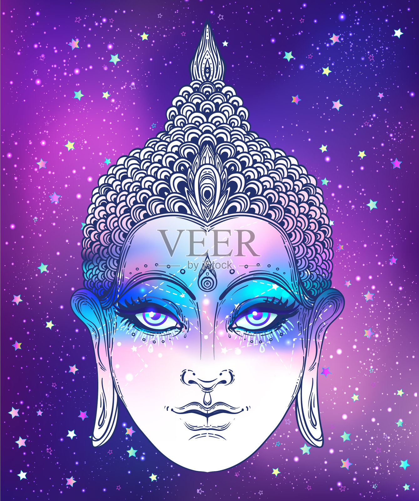佛陀的脸在星空宇宙背景插画图片素材