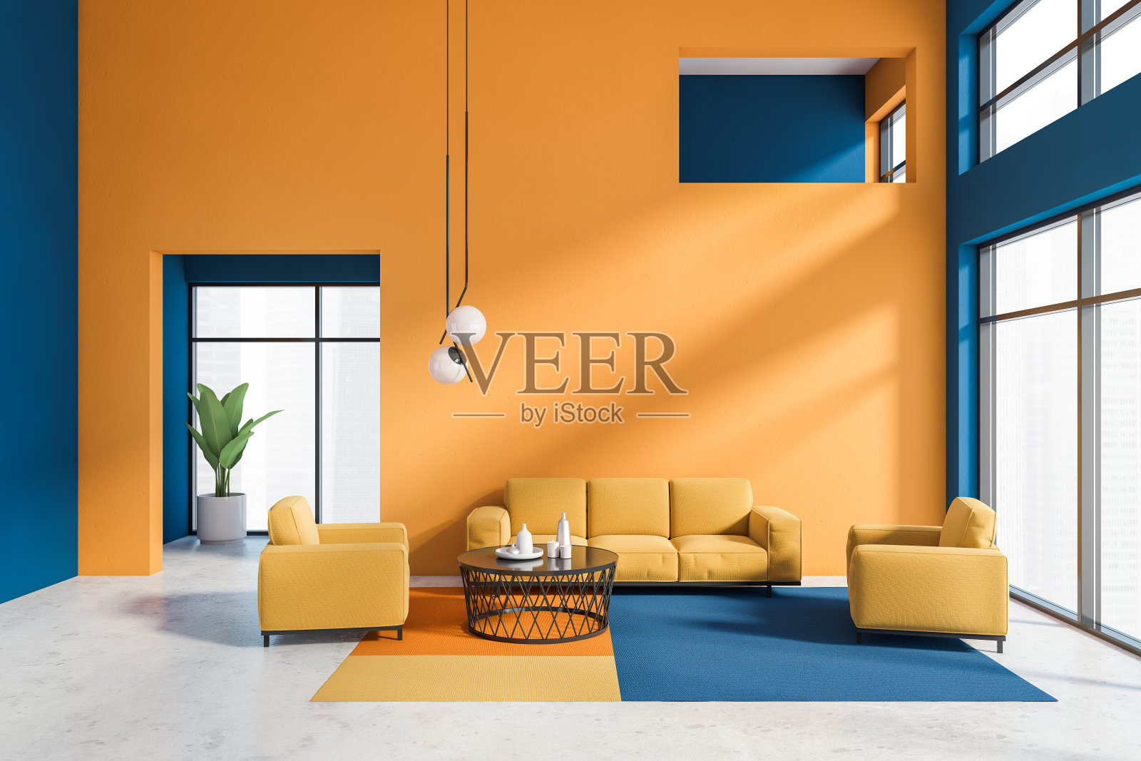 橙色和蓝色的客厅内部照片摄影图片