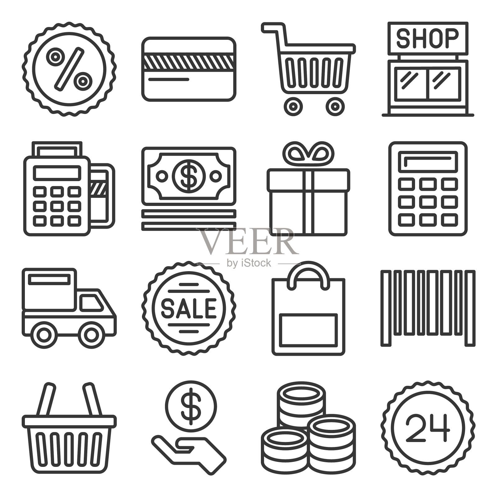 购物图标设置在白色背景线风格图标素材