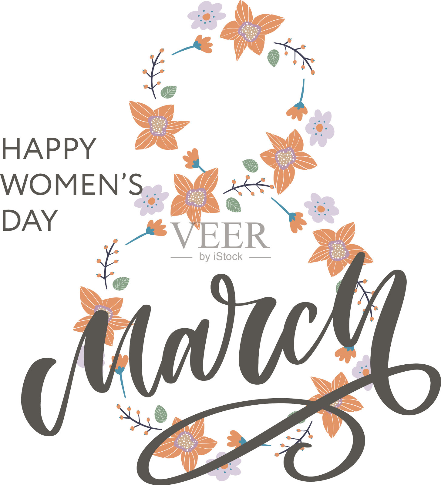 贺卡与3月8日的字母书法设计元素图片