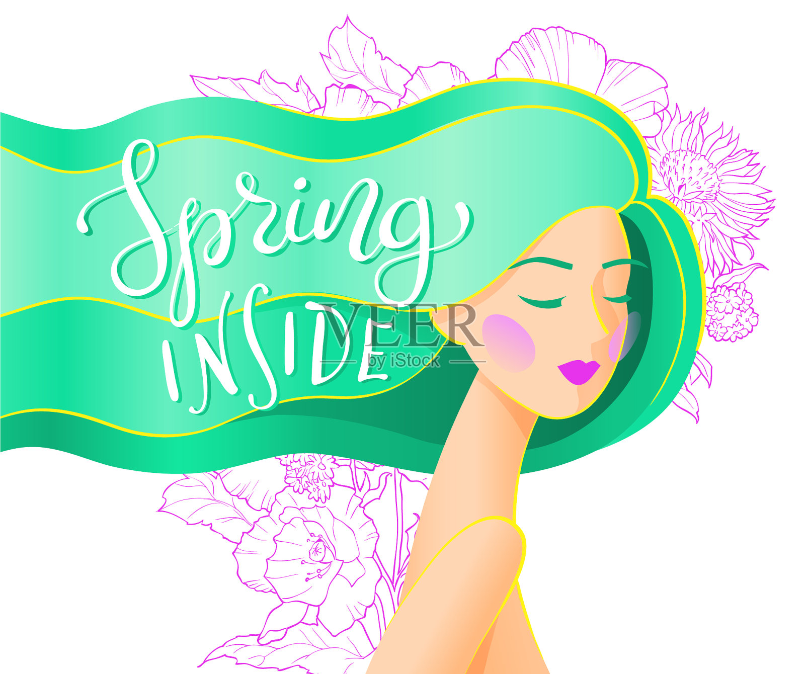抽象女孩与春天的文字插画图片素材