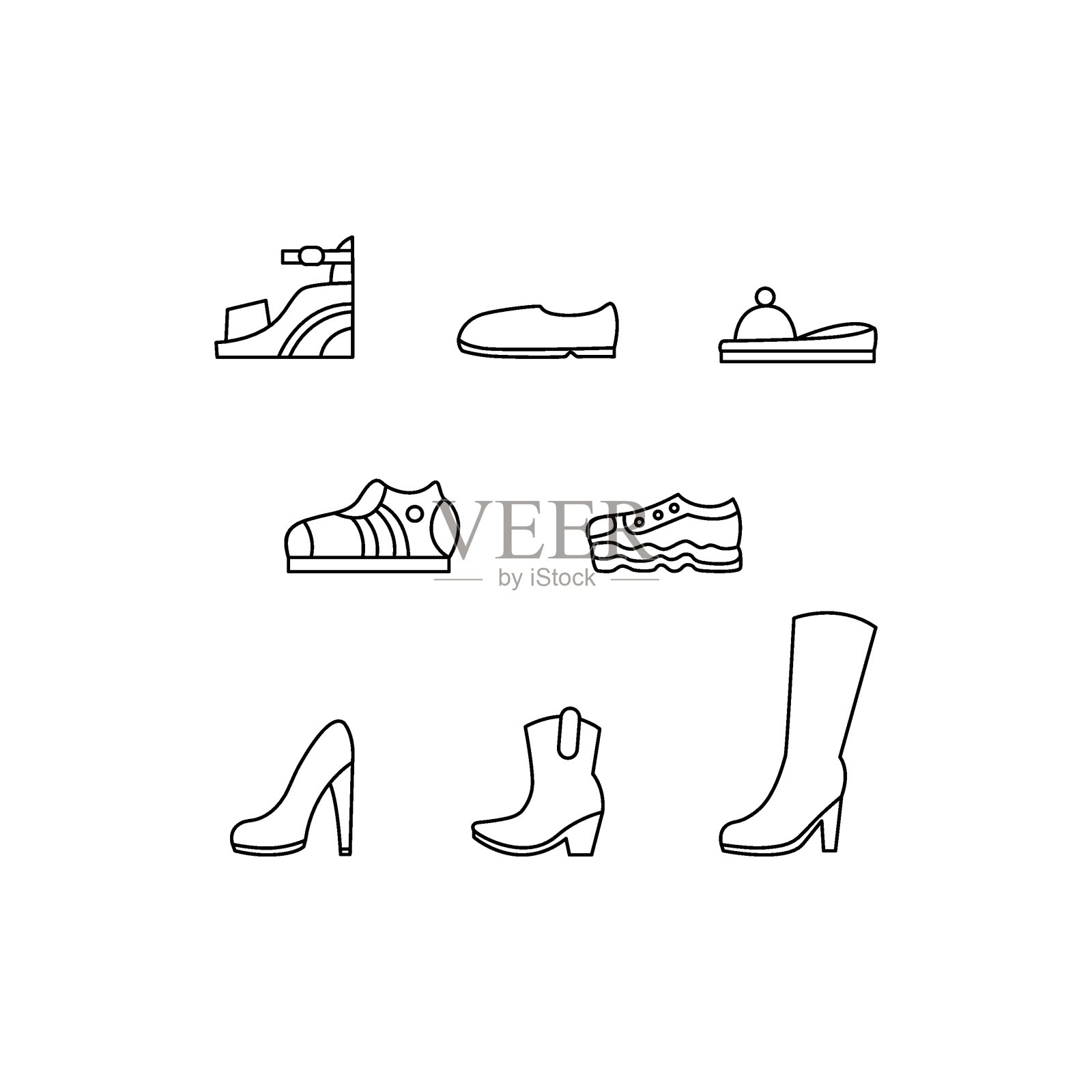 设置鞋子图标(木屐，芭蕾舞鞋，拖鞋，运动鞋，鞋，靴子，踝靴)。矢量插图。图标素材