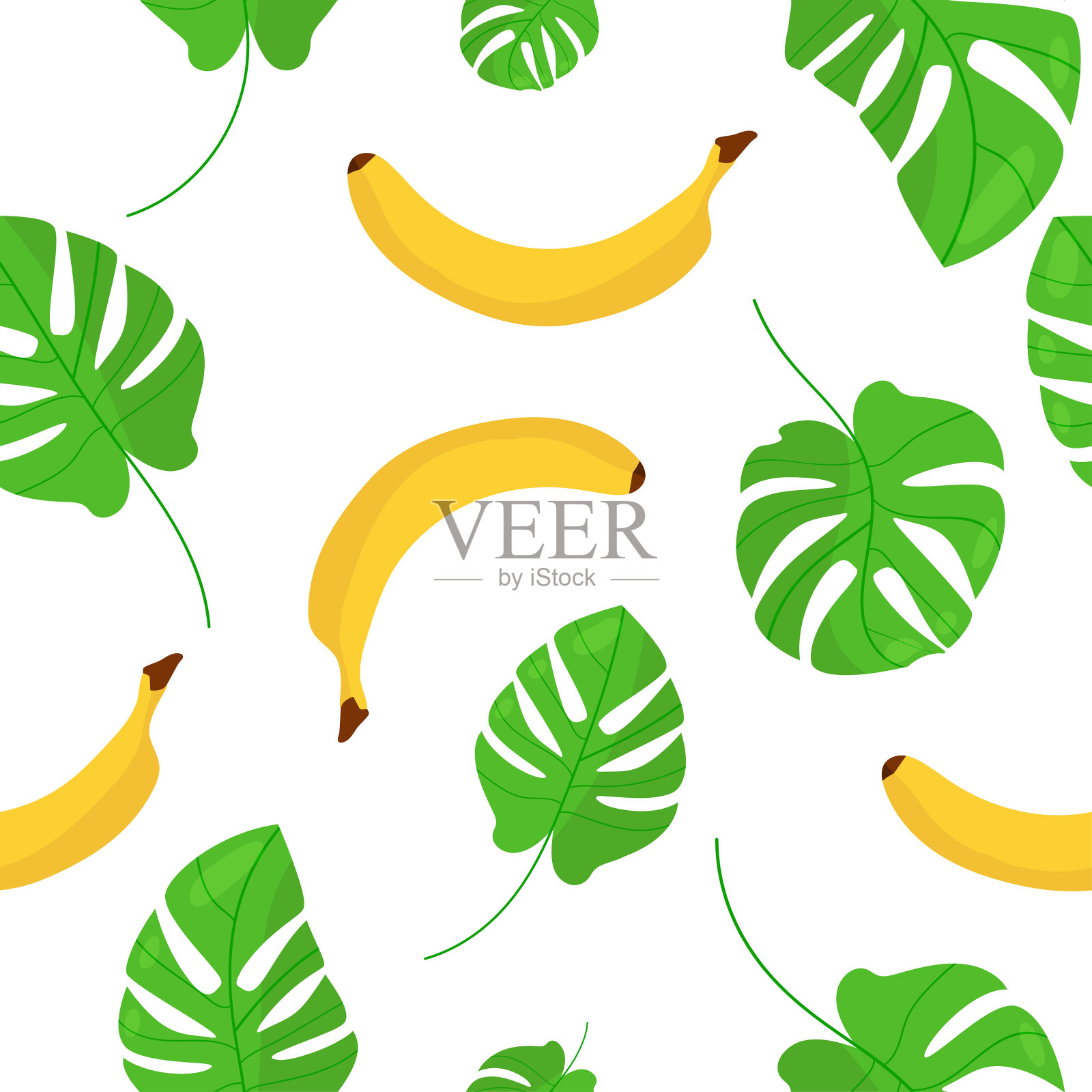 香蕉和怪物叶无缝图案。矢量插图。纸张及纺织品设计。插画图片素材