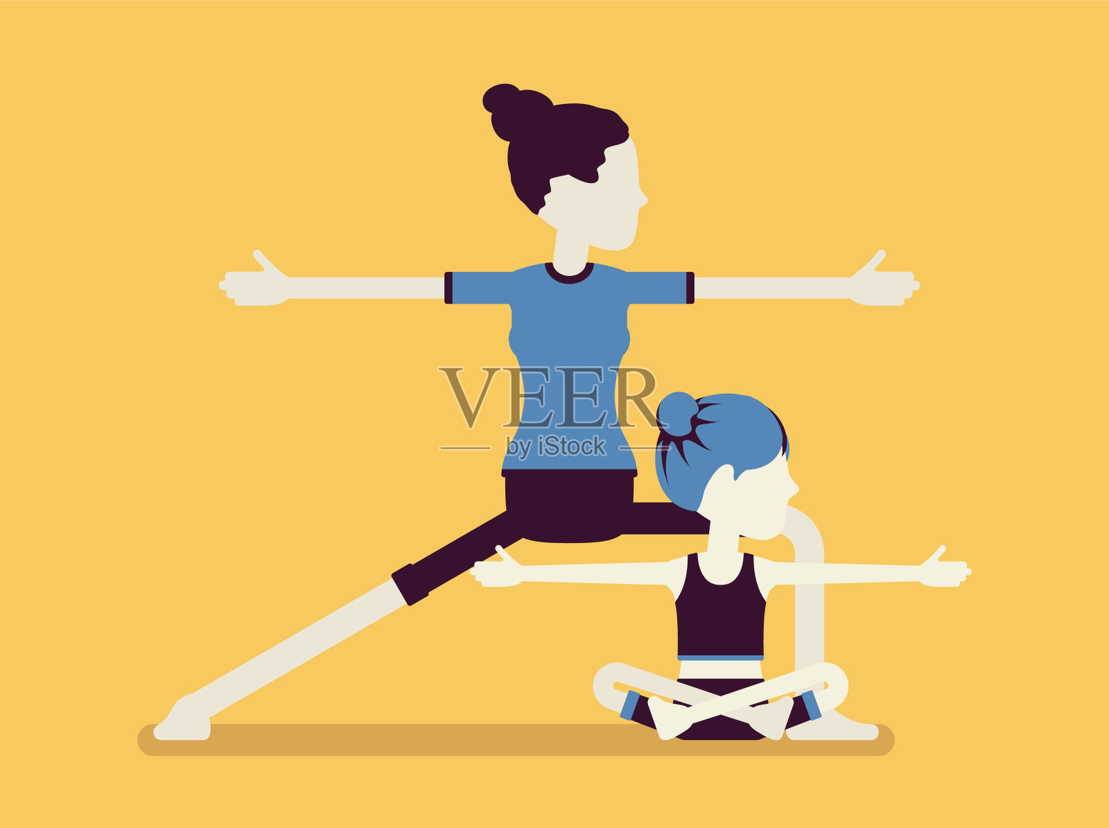 瑜伽家庭，母女穿着运动服练习瑜伽插画图片素材