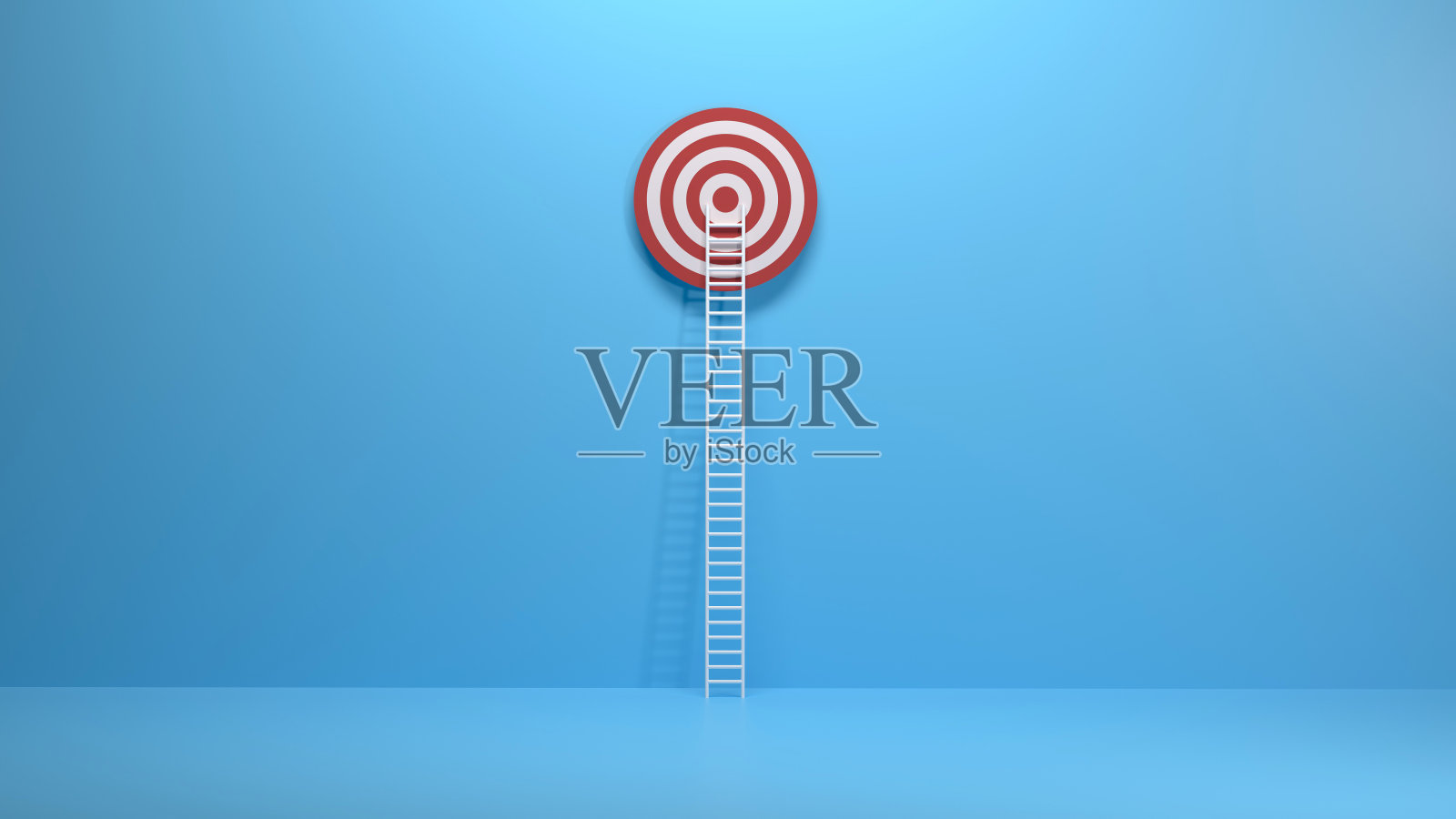 白色梯子靠在蓝色墙上的一个红色目标上照片摄影图片