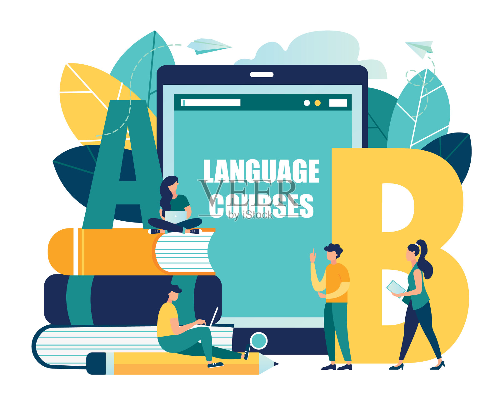 矢量平面插图，在线学习外语，女孩和男孩为小工具学习语言，通过网站在线学习，通过互联网与外国人交流插画图片素材