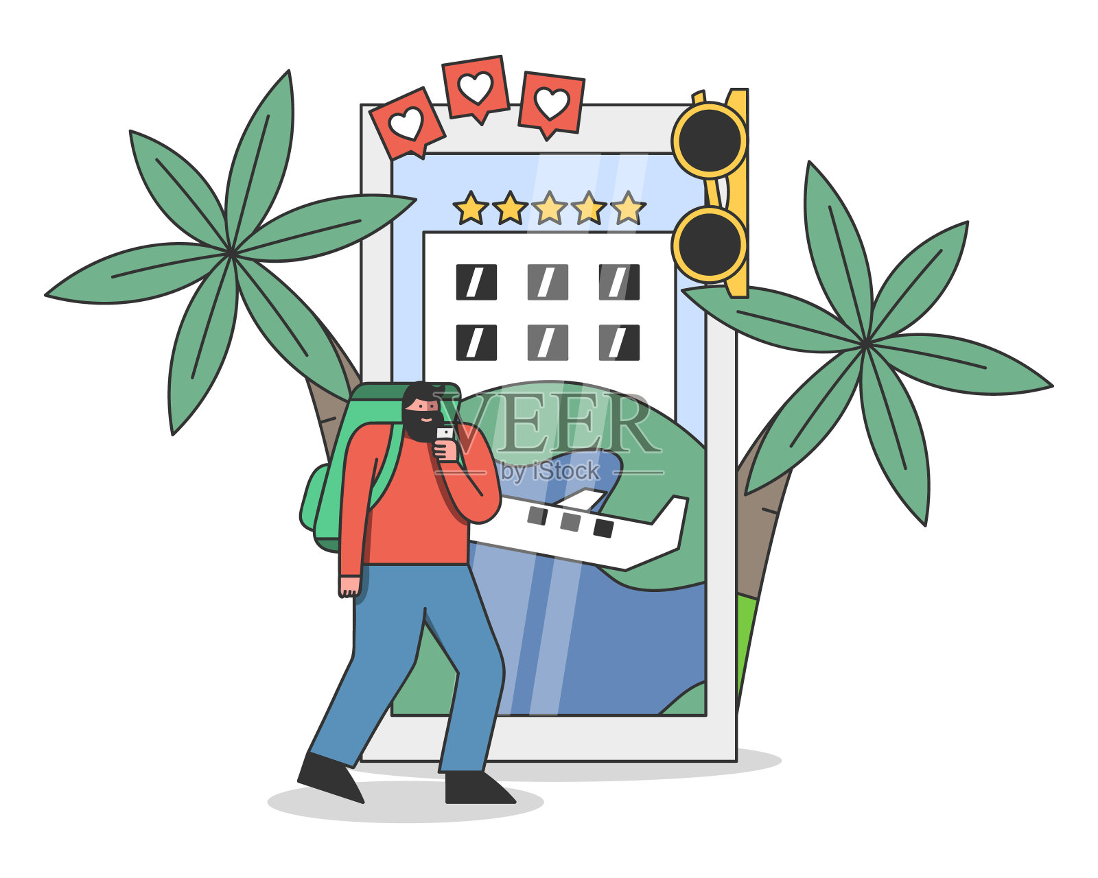 旅行者站在智能手机前，带有旅游预订、预订或计划应用程序界面插画图片素材