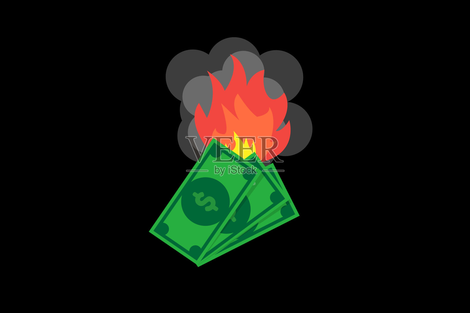 美元纸币在火上，燃烧的美元纸币。平面风格设计的概念矢量插图。孤立的背景。设计元素图片