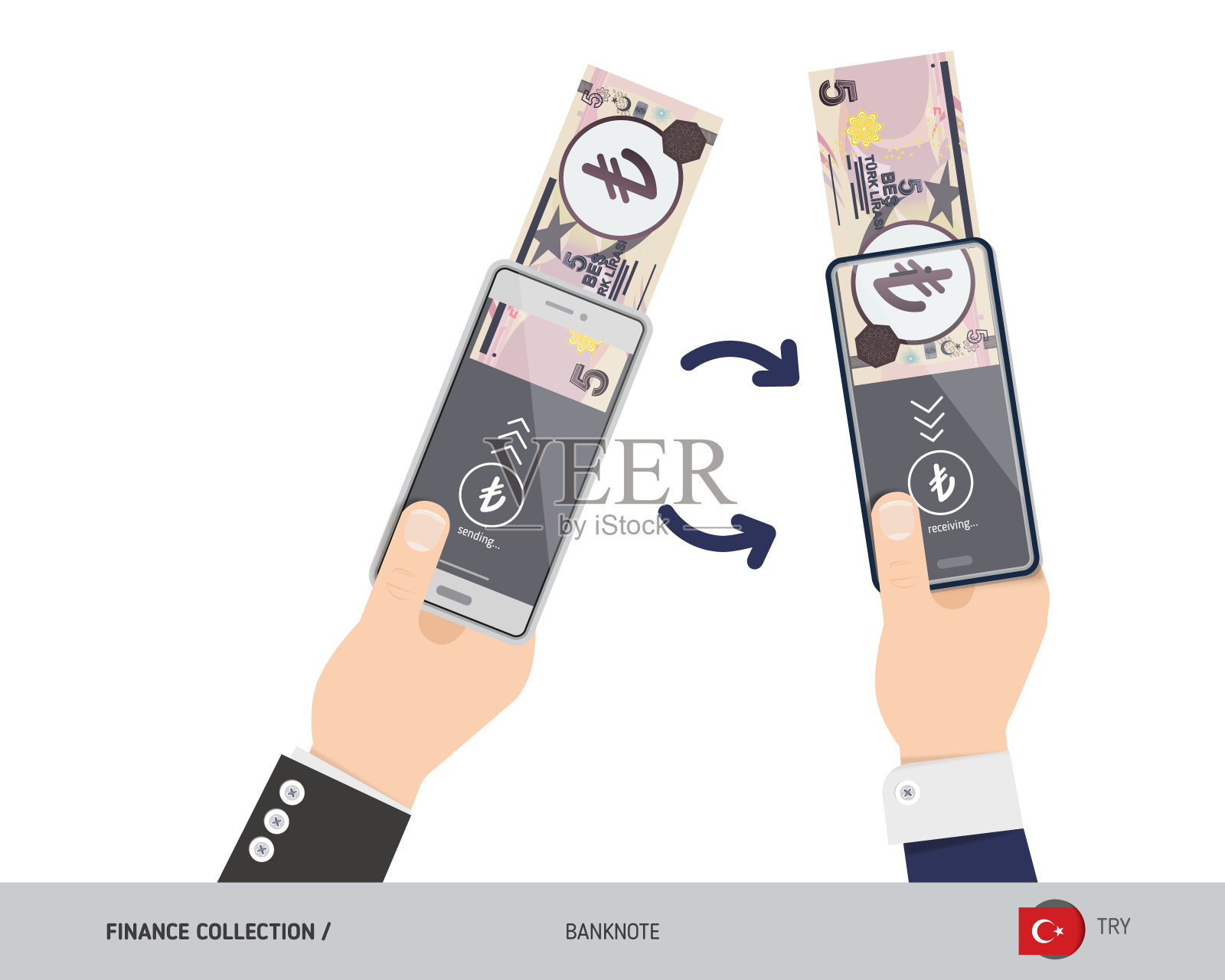 用双手握住智能手机进行在线转账。5土耳其里拉纸币与金币。平面风格矢量插图。插画图片素材