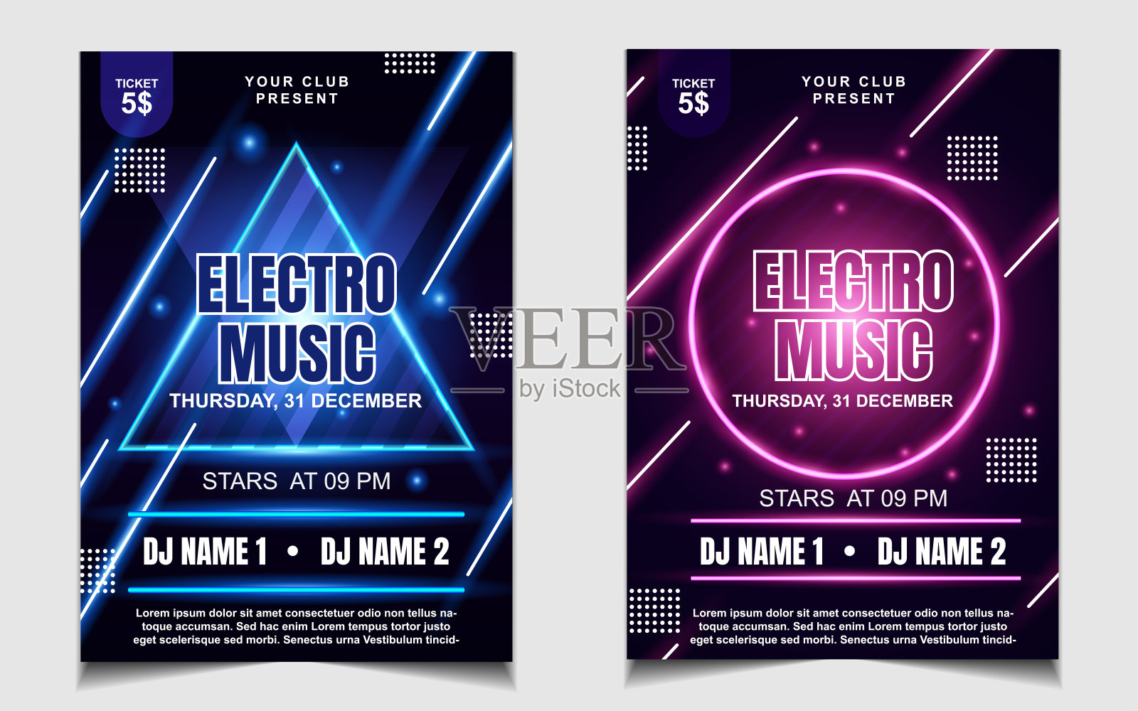 夜舞派对音乐海报传单布局设计模板背景霓虹灯和动态风格。插画图片素材