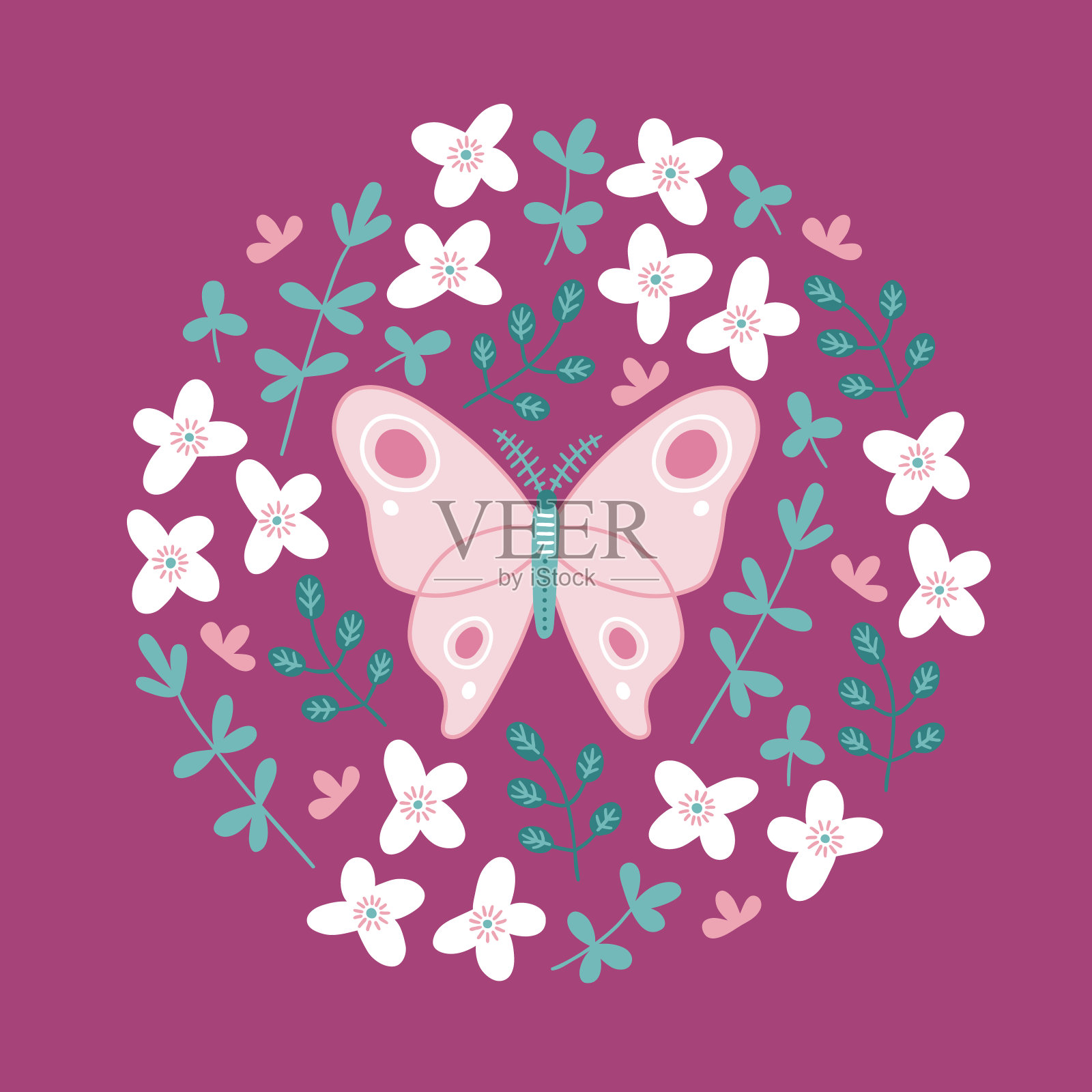 鲜花贺卡，蝴蝶，白花，三叶草，叶子插画图片素材