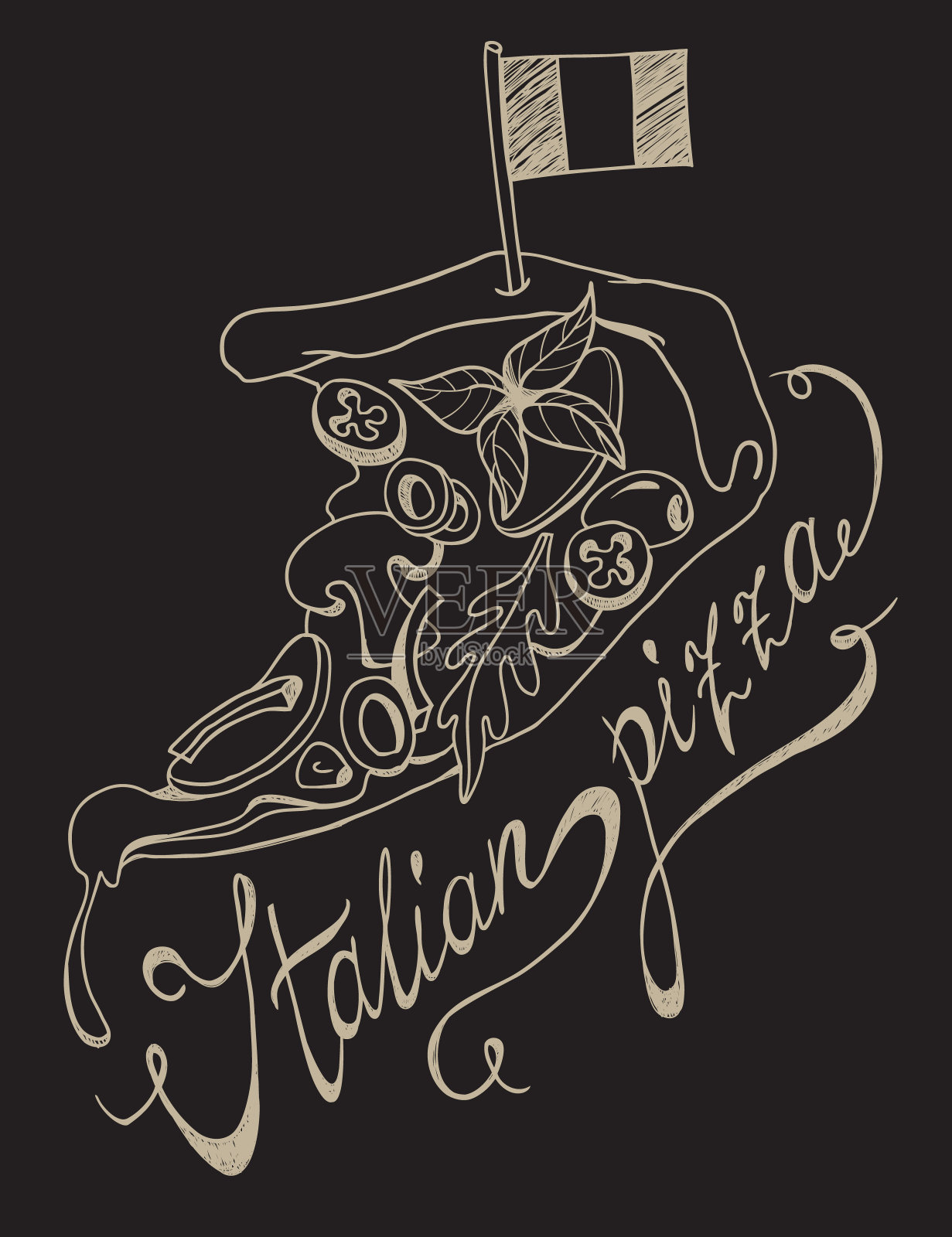 手绘披萨片与意大利国旗和手写字母在黑板上。插画图片素材