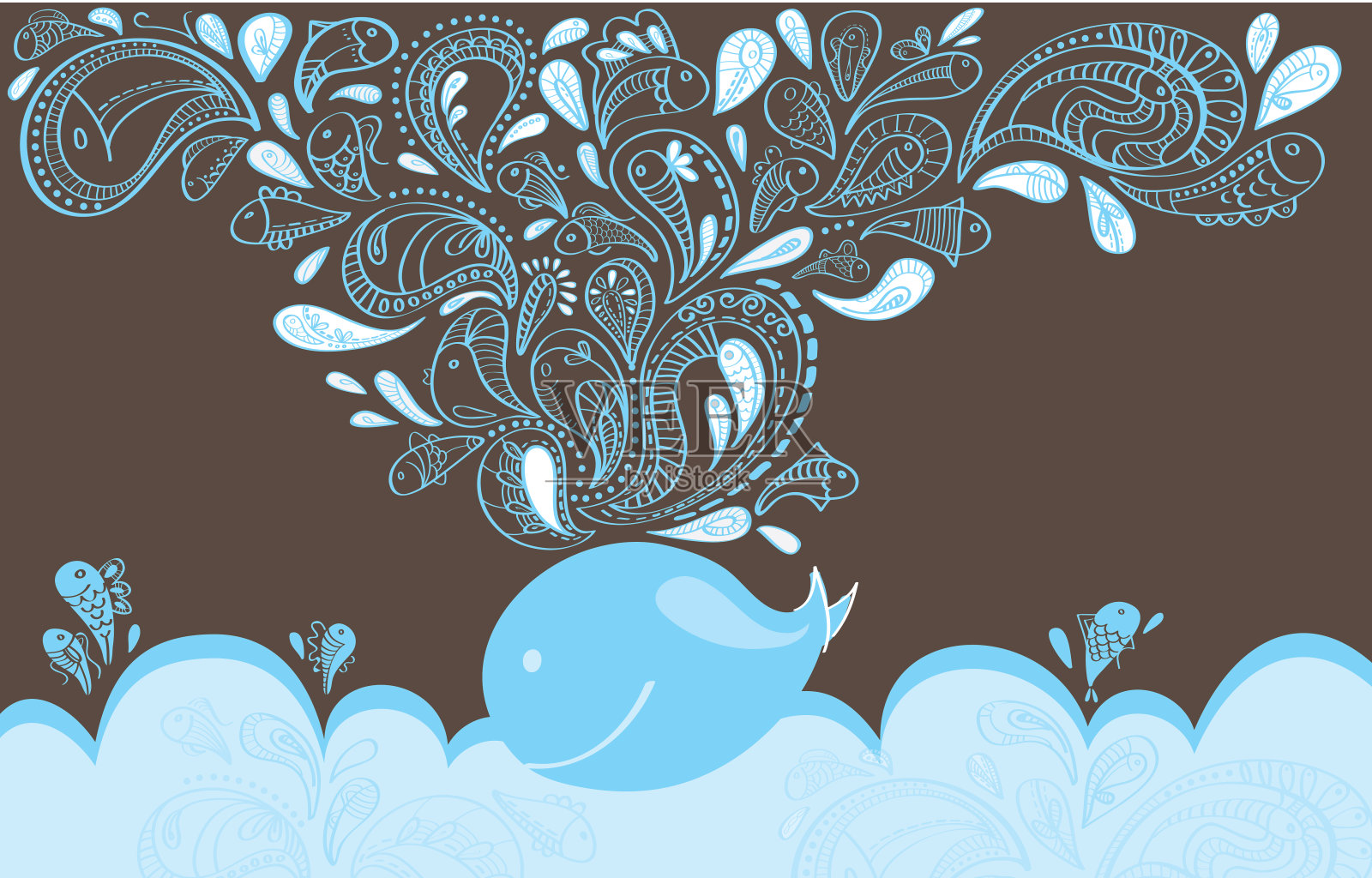 可爱的卡通蜡染花画水溅小鲸鱼插画图片素材