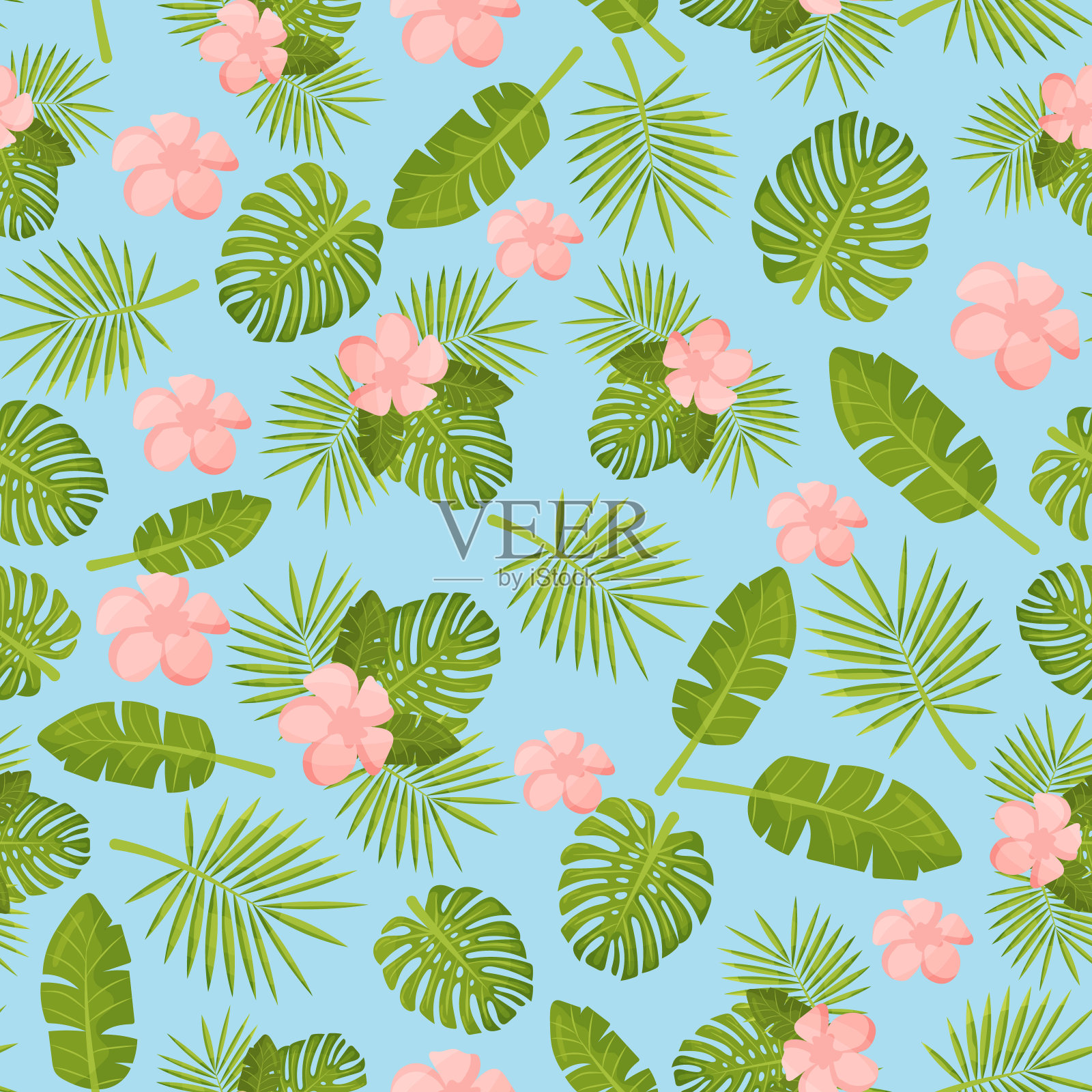 令人愉悦的无缝图案墙纸，热带绿叶，棕榈树和鲜花。热带的叶子。棕榈和蓬莱蕉。矢量图插画图片素材