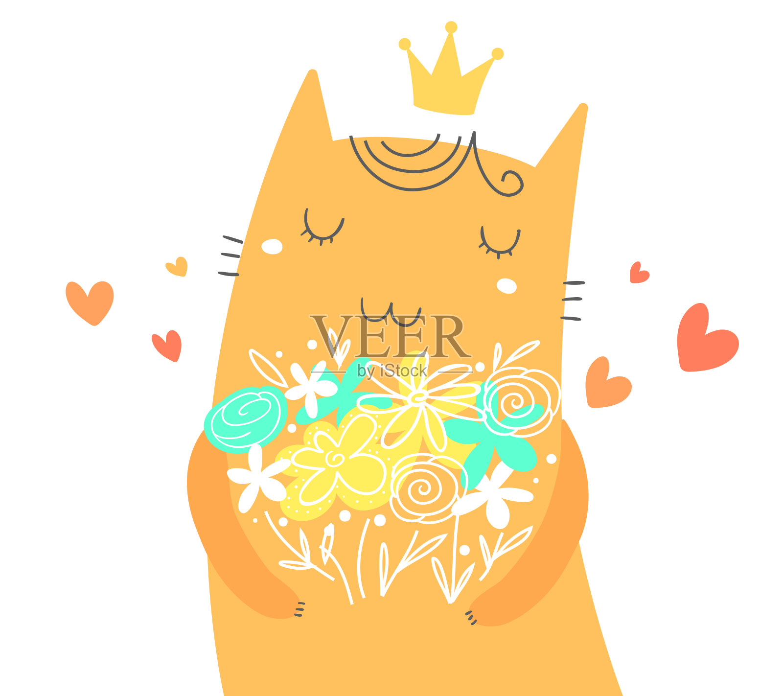 矢量插图的姜女孩猫与花，皇冠和心。可爱快乐的小猫微笑在白色的背景。插画图片素材
