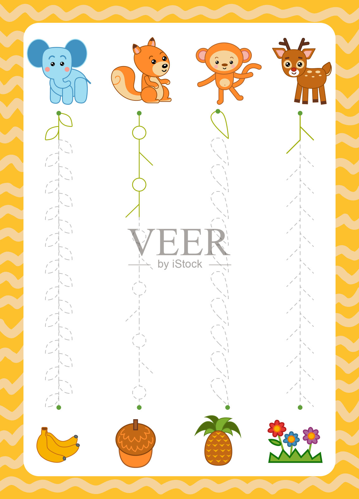 沿着虚线从动物到食物。串连点，儿童教育游戏插画图片素材