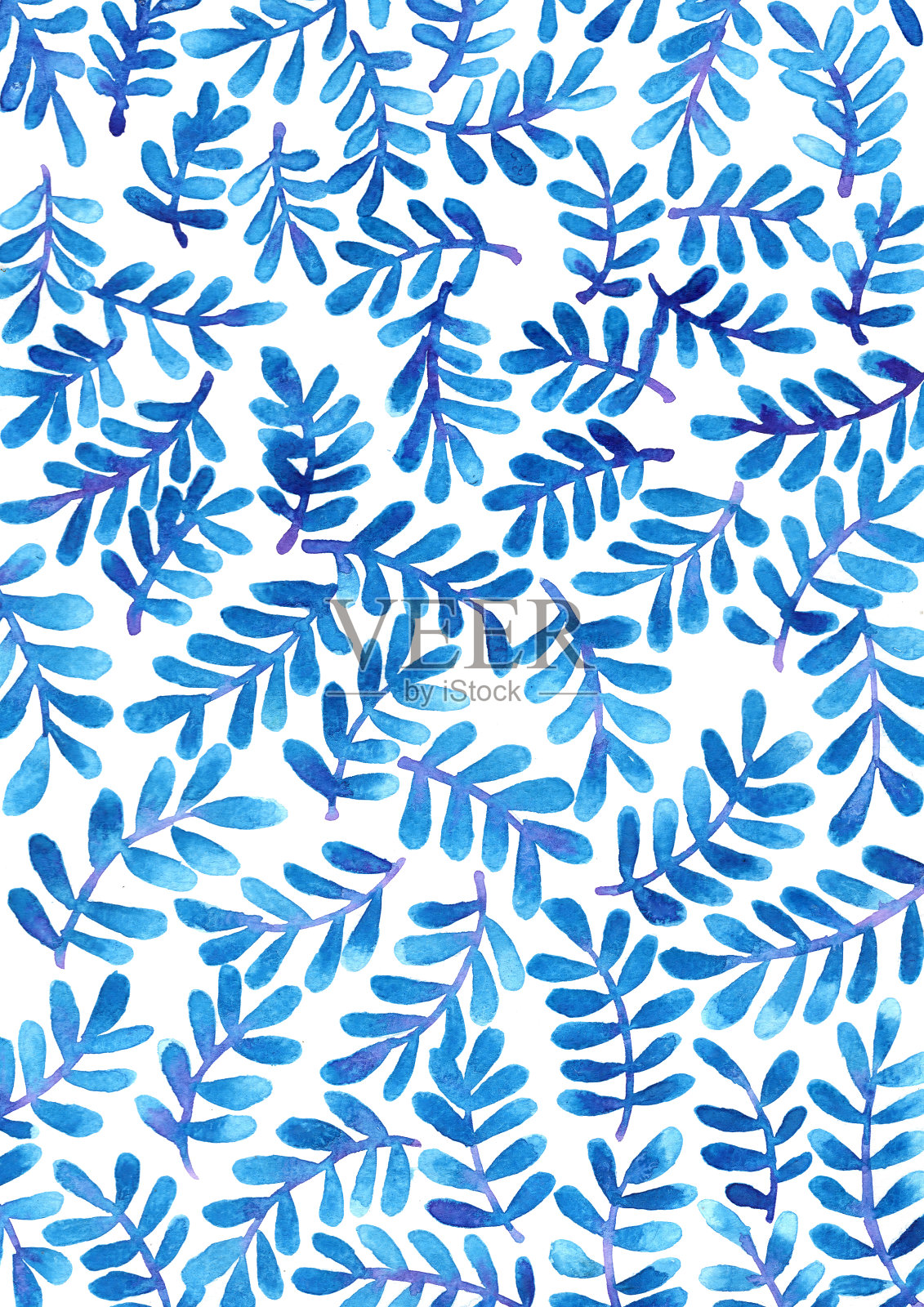 蓝色和紫色的热带蕨类水彩手绘背景。插画图片素材