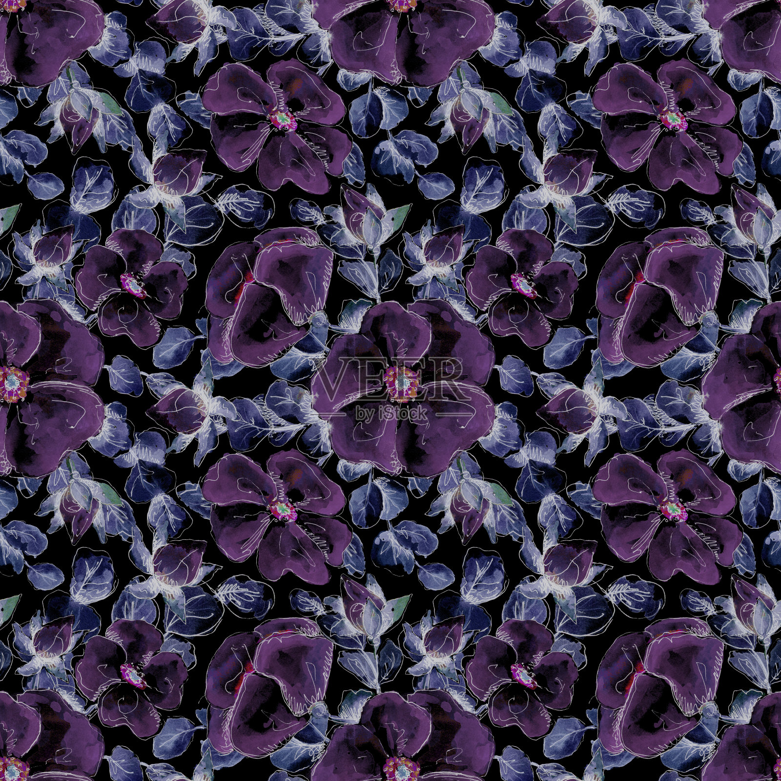 无缝水彩霓虹灯图案手绘珊瑚野玫瑰为您的印花和纺织品设计。花和芽，玫瑰花瓣在黑色的背景插画图片素材