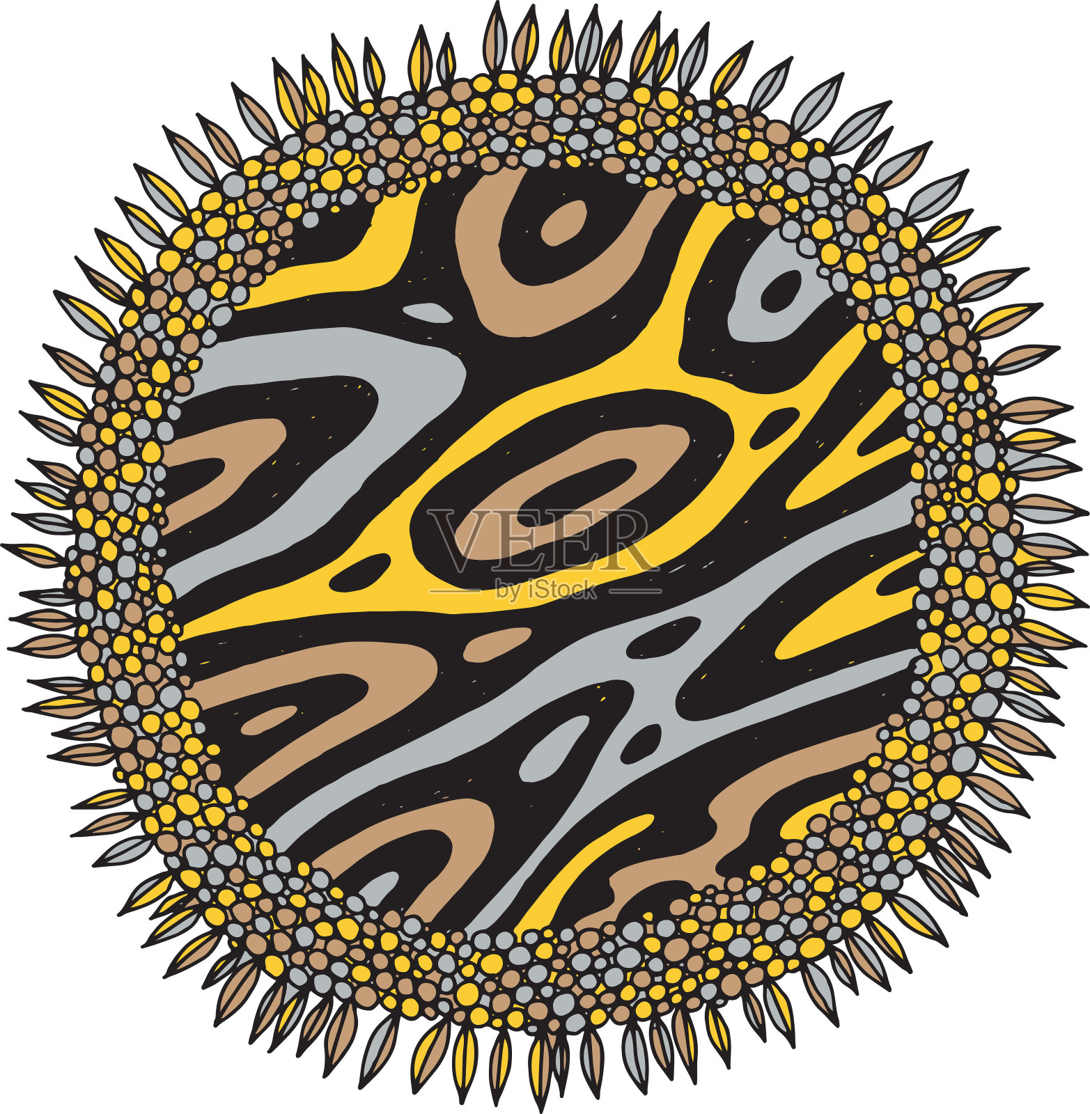 花卉涂鸦曼荼罗素描。丰富多彩的民间土著艺术绘画。灰色，米色和黄色的花朵。矢量图插画图片素材