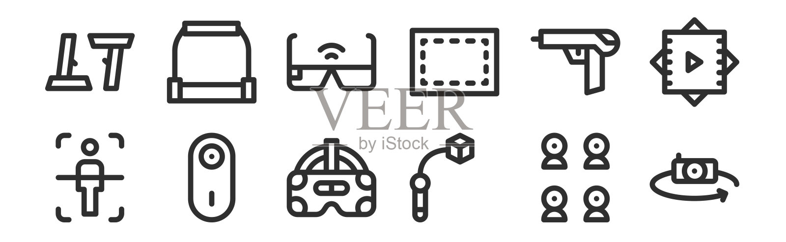 一套12瘦轮廓图标，如相机，拿起，相机，虚拟现实，vr眼镜，网络平台，移动图标素材